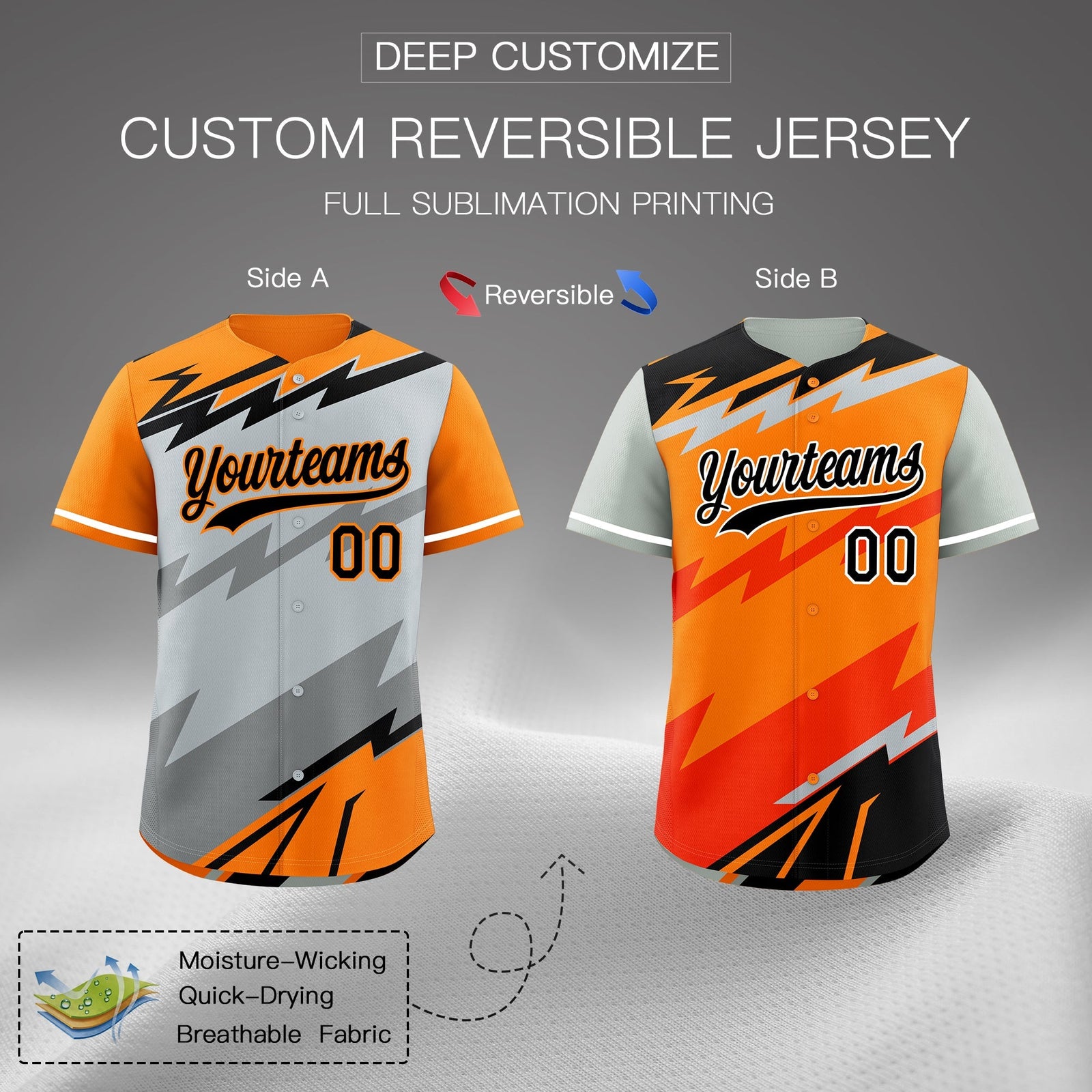 Custom Silver Orange Gray short sleeves Reversible Lightning Pattern Graffiti Graffiti Pattern Lightweight Baseball Jersey| KXKSHOP
