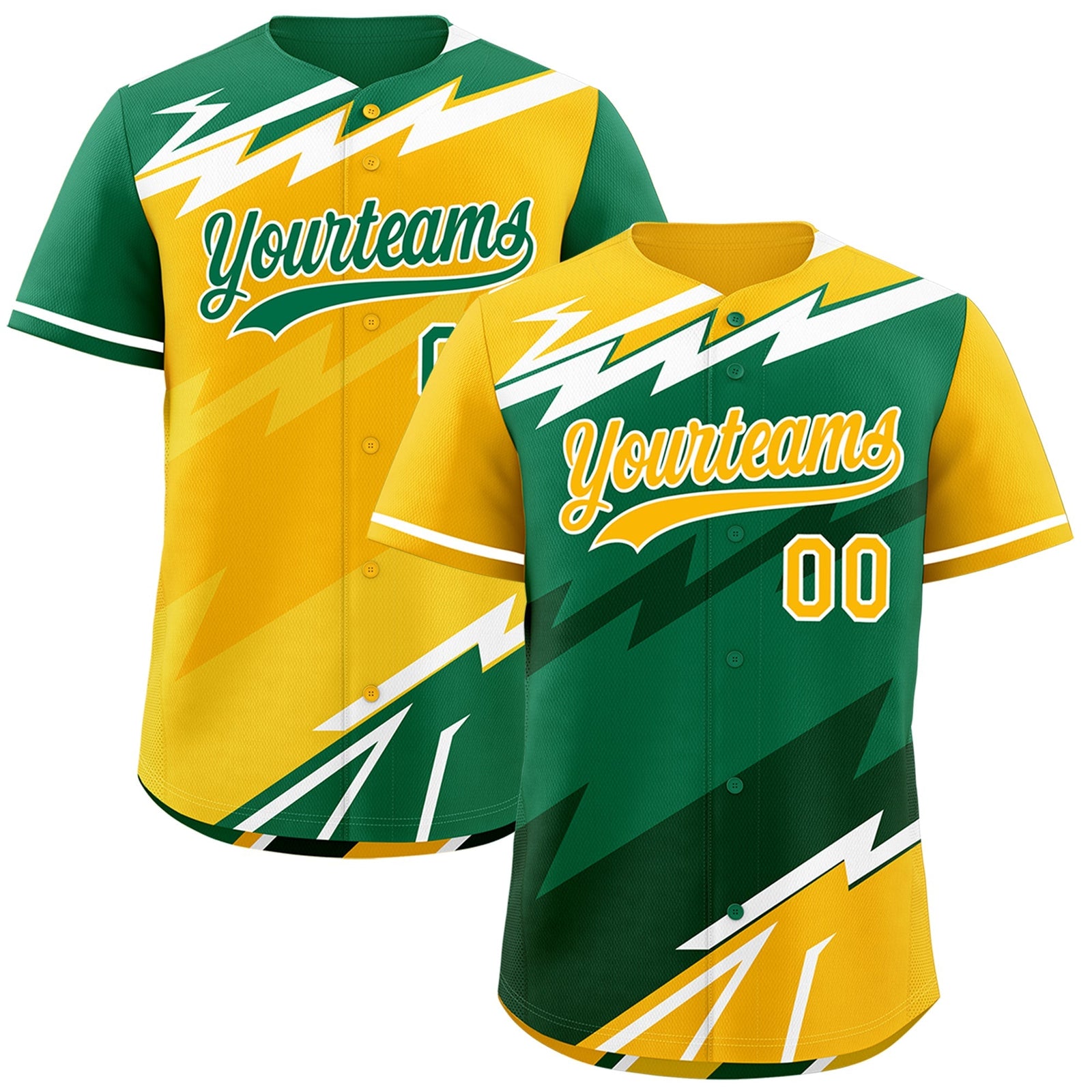 Custom Kelly Green Dark Green Yellow short sleeves Reversible Lightning Pattern Graffiti Graffiti Pattern Moisture-Wicking Baseball Jersey| KXKSHOP