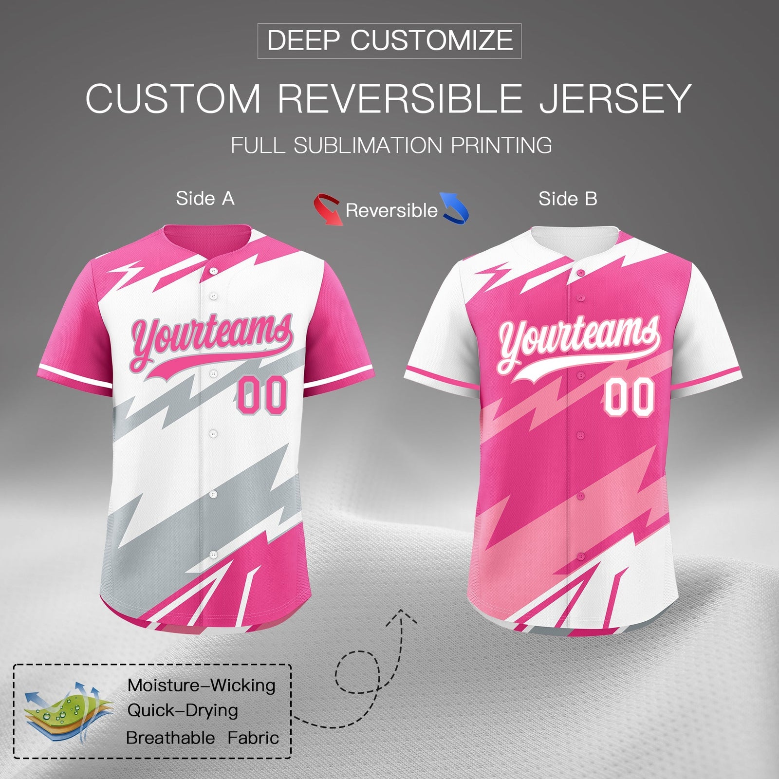 Custom White Pink Silver short sleeves Reversible Lightning Pattern Graffiti Graffiti Pattern Moisture-Wicking Baseball Jersey| KXKSHOP