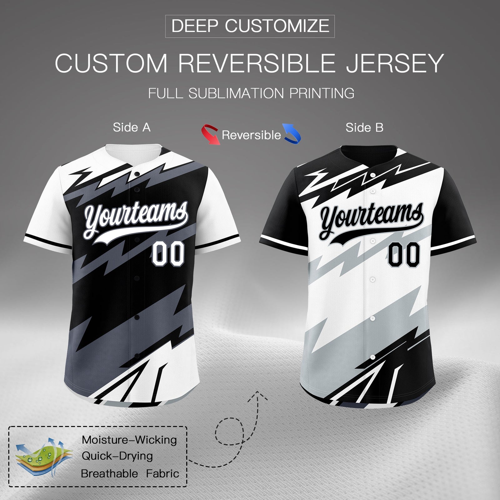 Custom Black White Gray short sleeves Reversible Lightning Pattern Graffiti Graffiti Pattern Lightweight Baseball Jersey| KXKSHOP