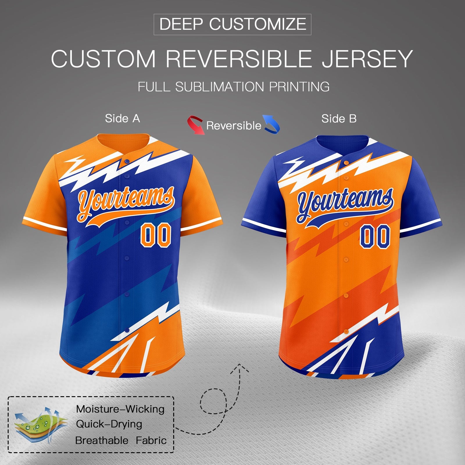 Custom Royal Blue Orange Royal short sleeves Reversible Lightning Pattern Graffiti Graffiti Pattern Lightweight Baseball Jersey| KXKSHOP