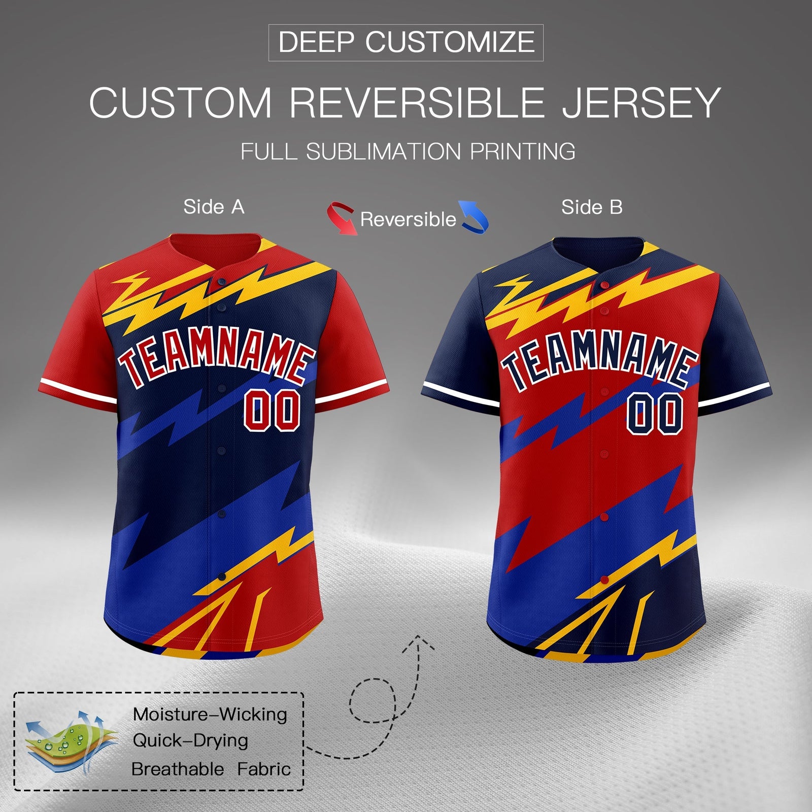 Custom Navy Red Yellow short sleeves Reversible Lightning Pattern Graffiti Graffiti Pattern Lightweight Baseball Jersey| KXKSHOP