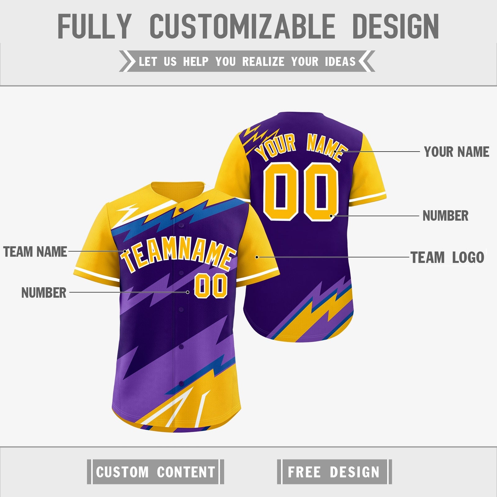 Custom Purple Royal Yellow short sleeves Reversible Lightning Pattern Graffiti Graffiti Pattern Lightweight Baseball Jersey| KXKSHOP