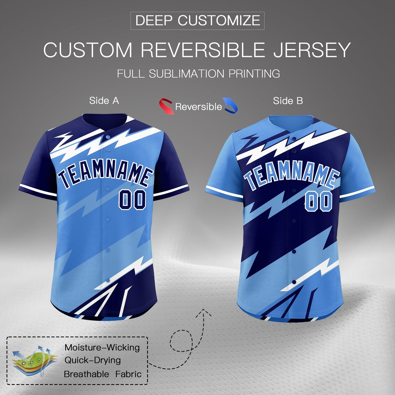 Custom Light Blue Powder Blue White short sleeves Reversible Lightning Pattern Graffiti Graffiti Pattern Lightweight Baseball Jersey| KXKSHOP