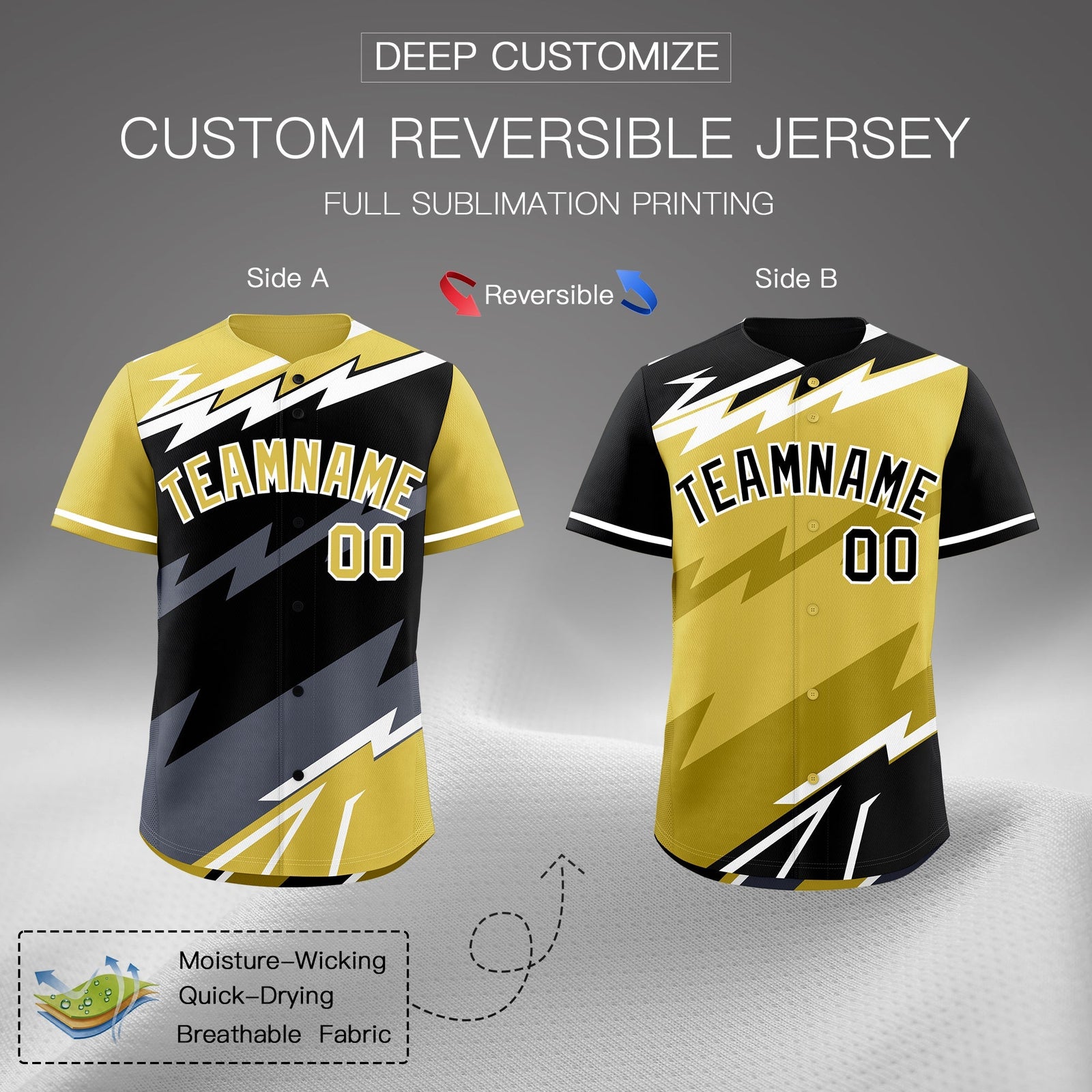 Custom Black Old Gold Gray short sleeves Reversible Lightning Pattern Graffiti Graffiti Pattern Moisture-Wicking Baseball Jersey| KXKSHOP