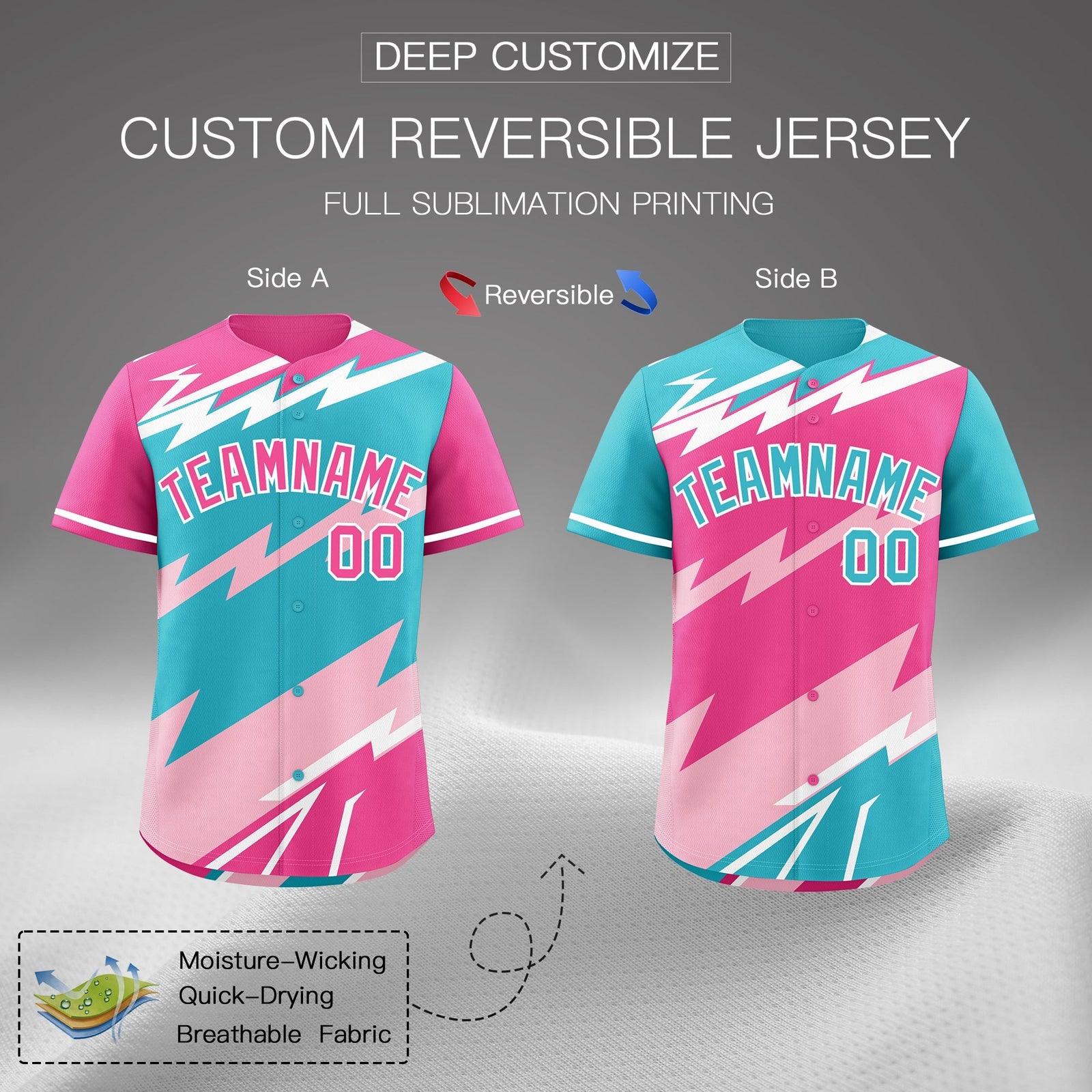Custom Sky Blue Light Pink Pink short sleeves Reversible Lightning Pattern Graffiti Graffiti Pattern Breathable Baseball Jersey| KXKSHOP