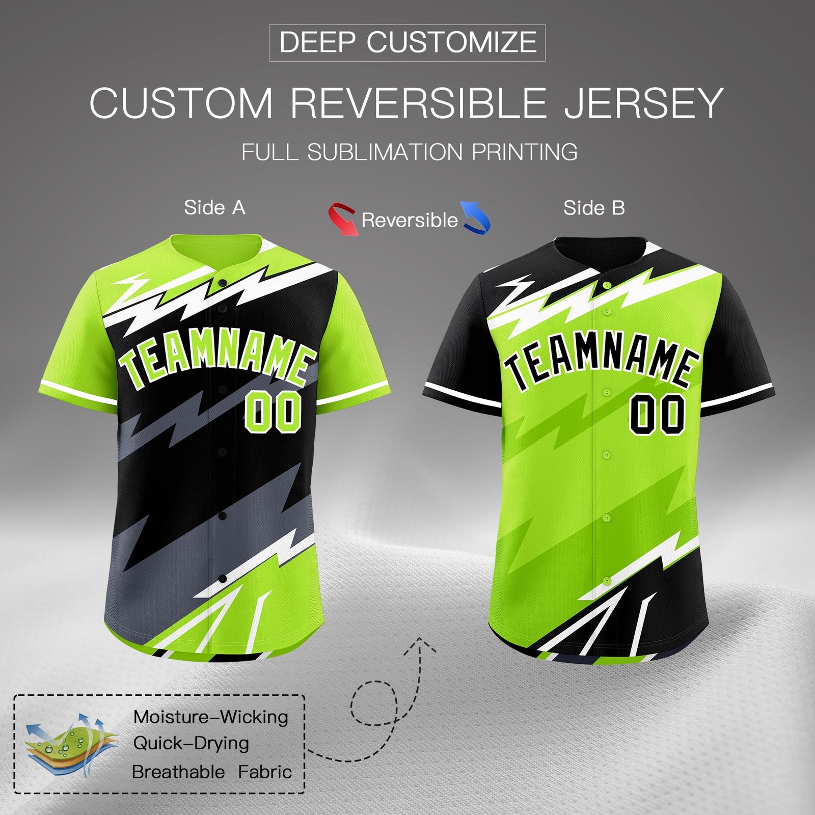 Custom Black Neon Green Gray short sleeves Reversible Lightning Pattern Graffiti Graffiti Pattern Moisture-Wicking Baseball Jersey| KXKSHOP