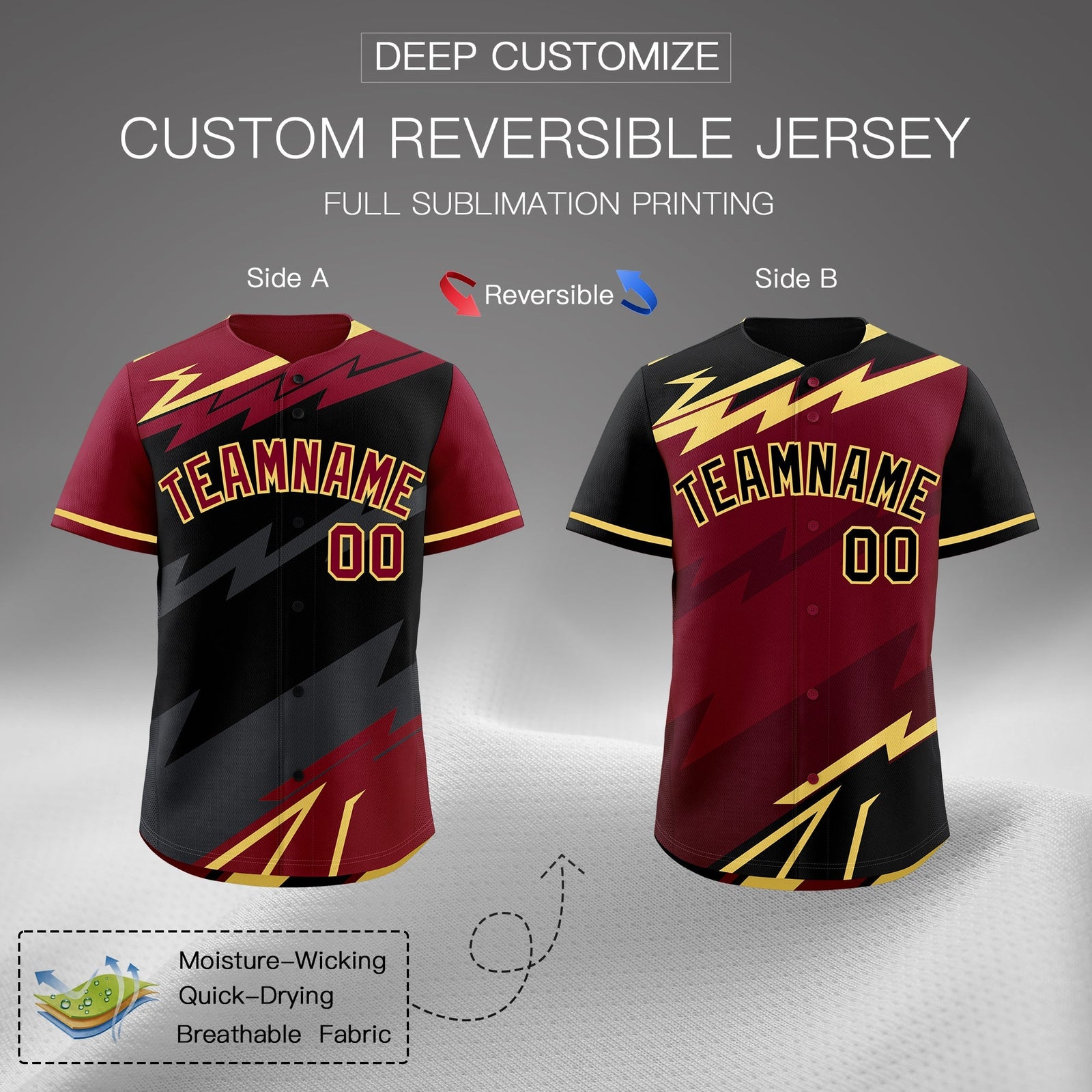 Custom Black Gray Crimson short sleeves Reversible Lightning Pattern Graffiti Graffiti Pattern Breathable Baseball Jersey| KXKSHOP