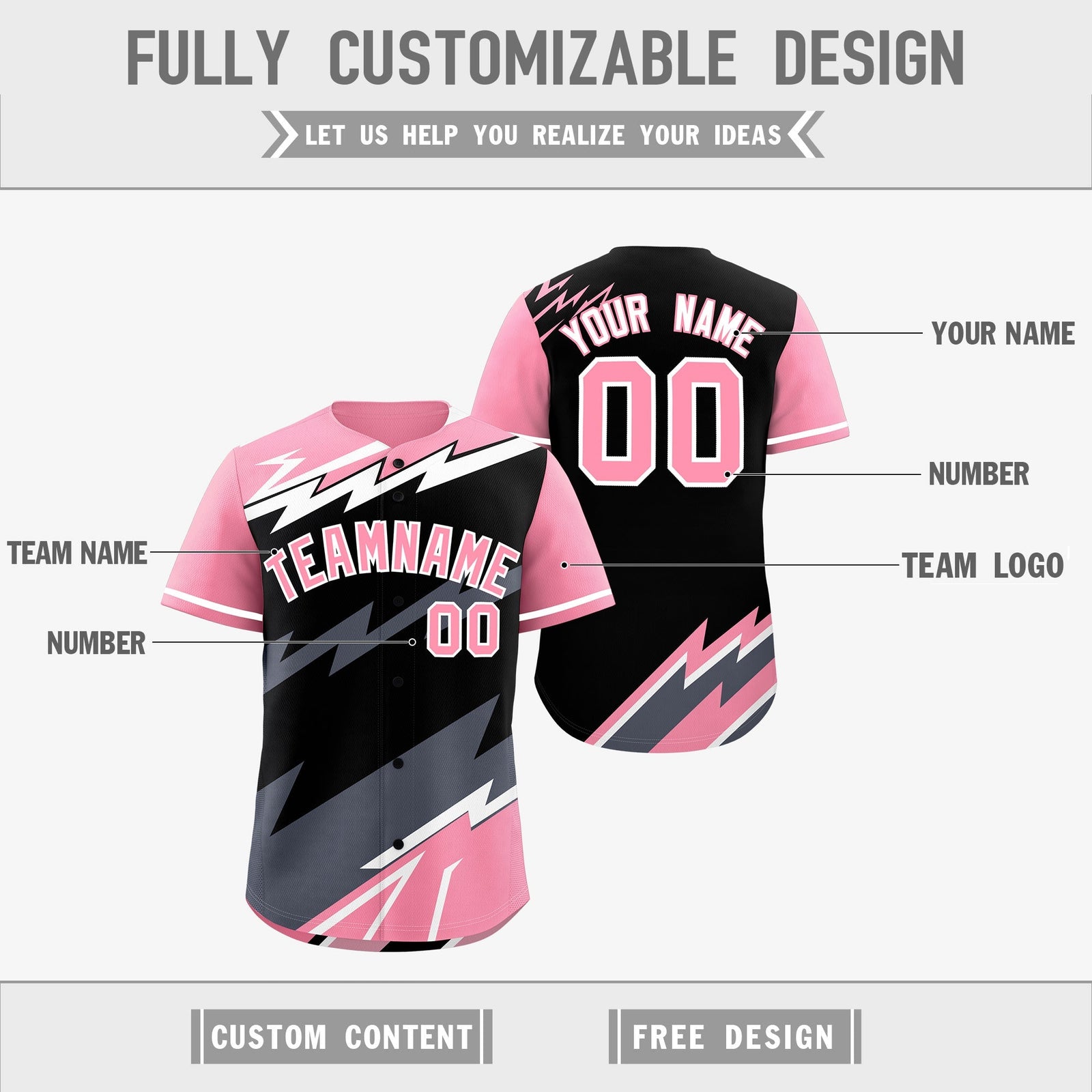 Custom Black Light Pink Gray short sleeves Reversible Lightning Pattern Graffiti Graffiti Pattern Breathable Baseball Jersey| KXKSHOP