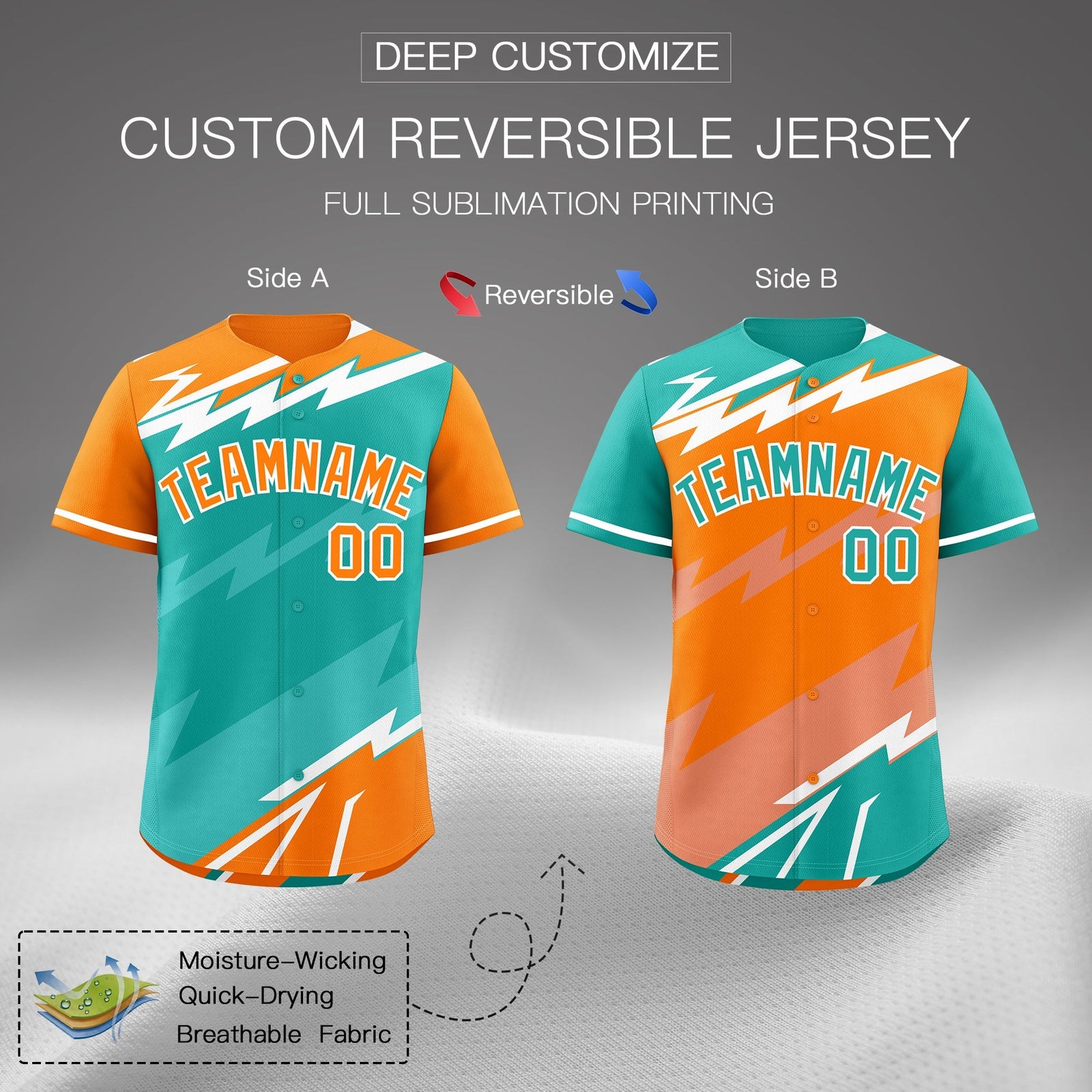 Custom Aqua Orange Teal short sleeves Reversible Lightning Pattern Graffiti Graffiti Pattern Lightweight Baseball Jersey| KXKSHOP