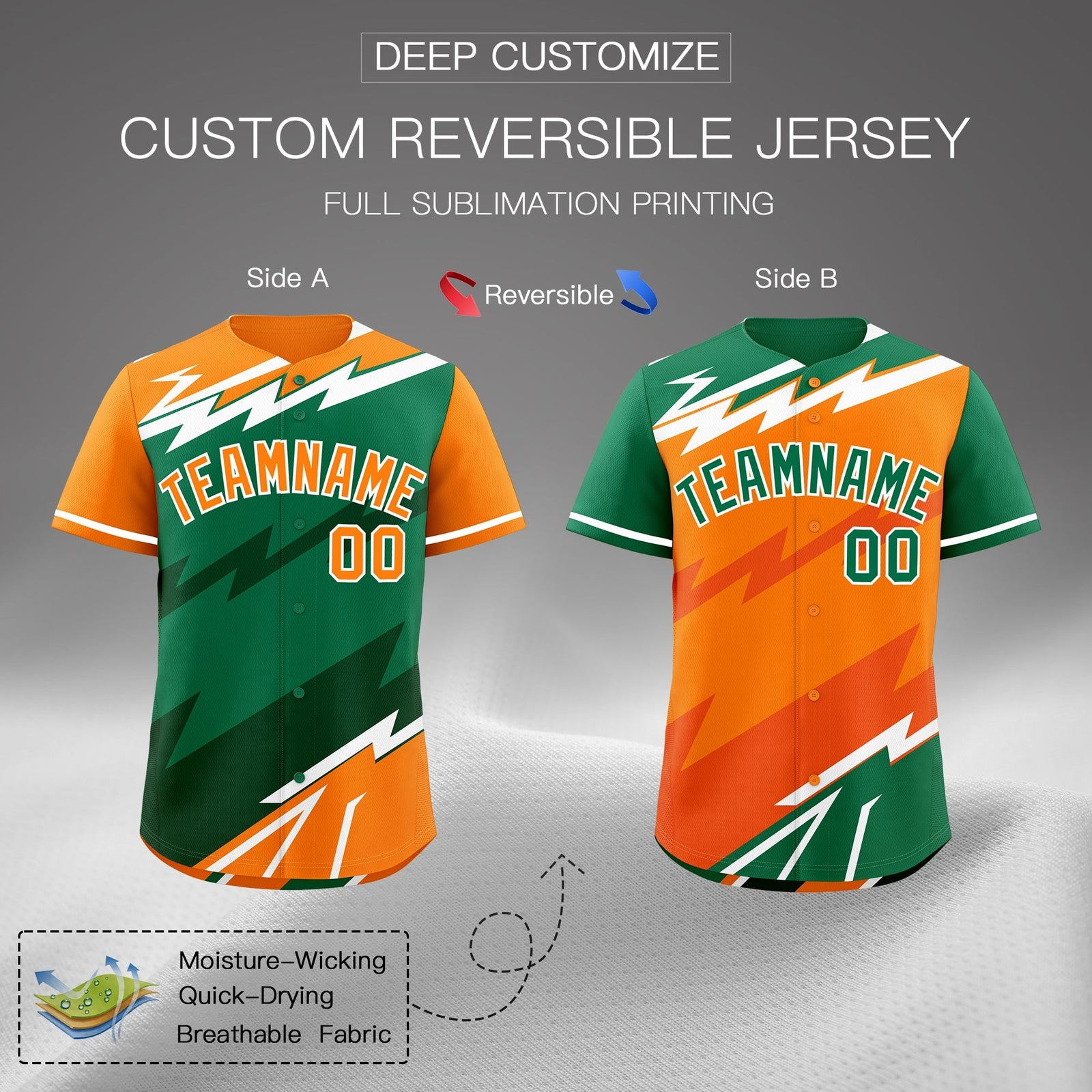Custom Kelly Green Orange Dark Green short sleeves Reversible Lightning Pattern Graffiti Graffiti Pattern Breathable Baseball Jersey| KXKSHOP