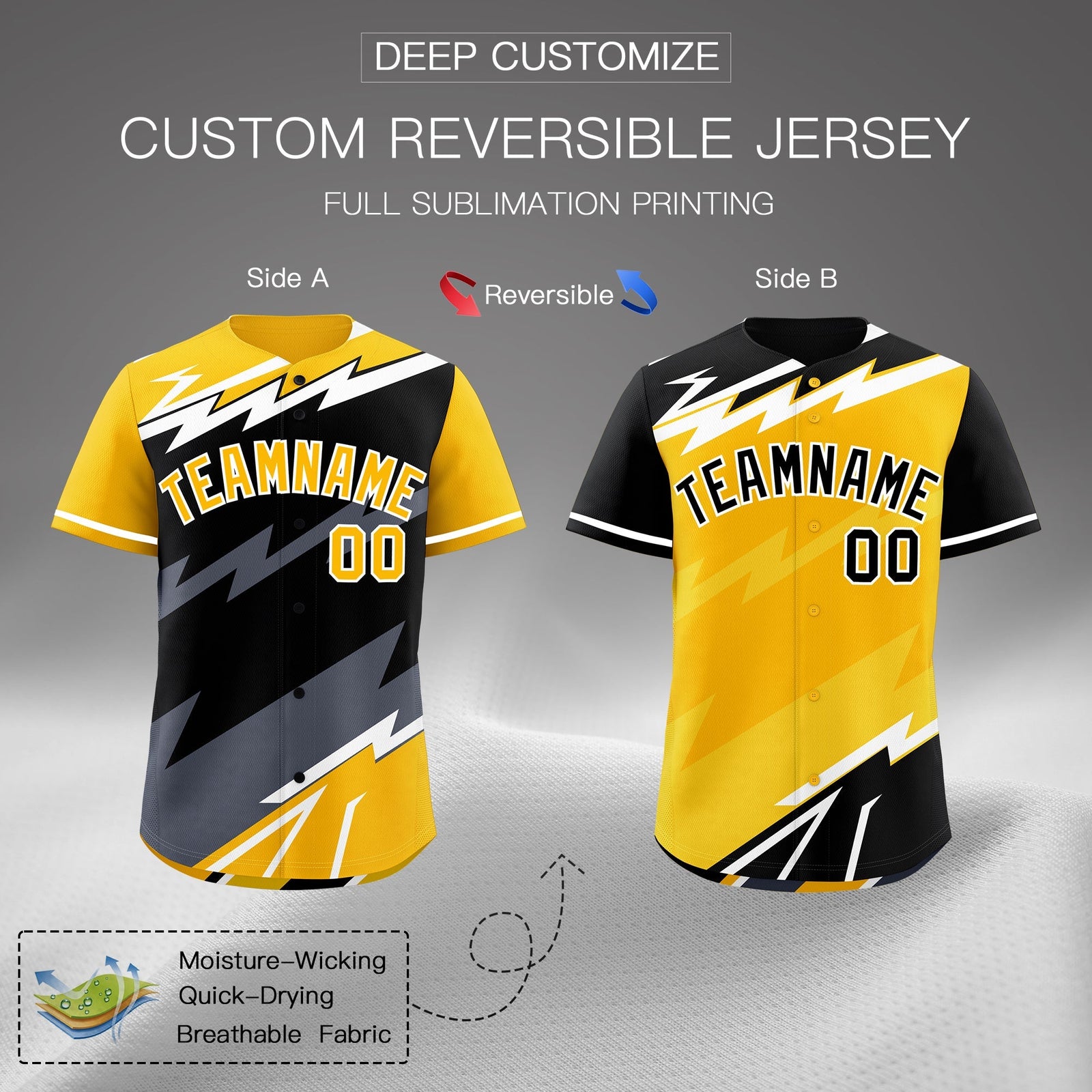 Custom Black Yellow Gray short sleeves Reversible Lightning Pattern Graffiti Graffiti Pattern Lightweight Baseball Jersey| KXKSHOP