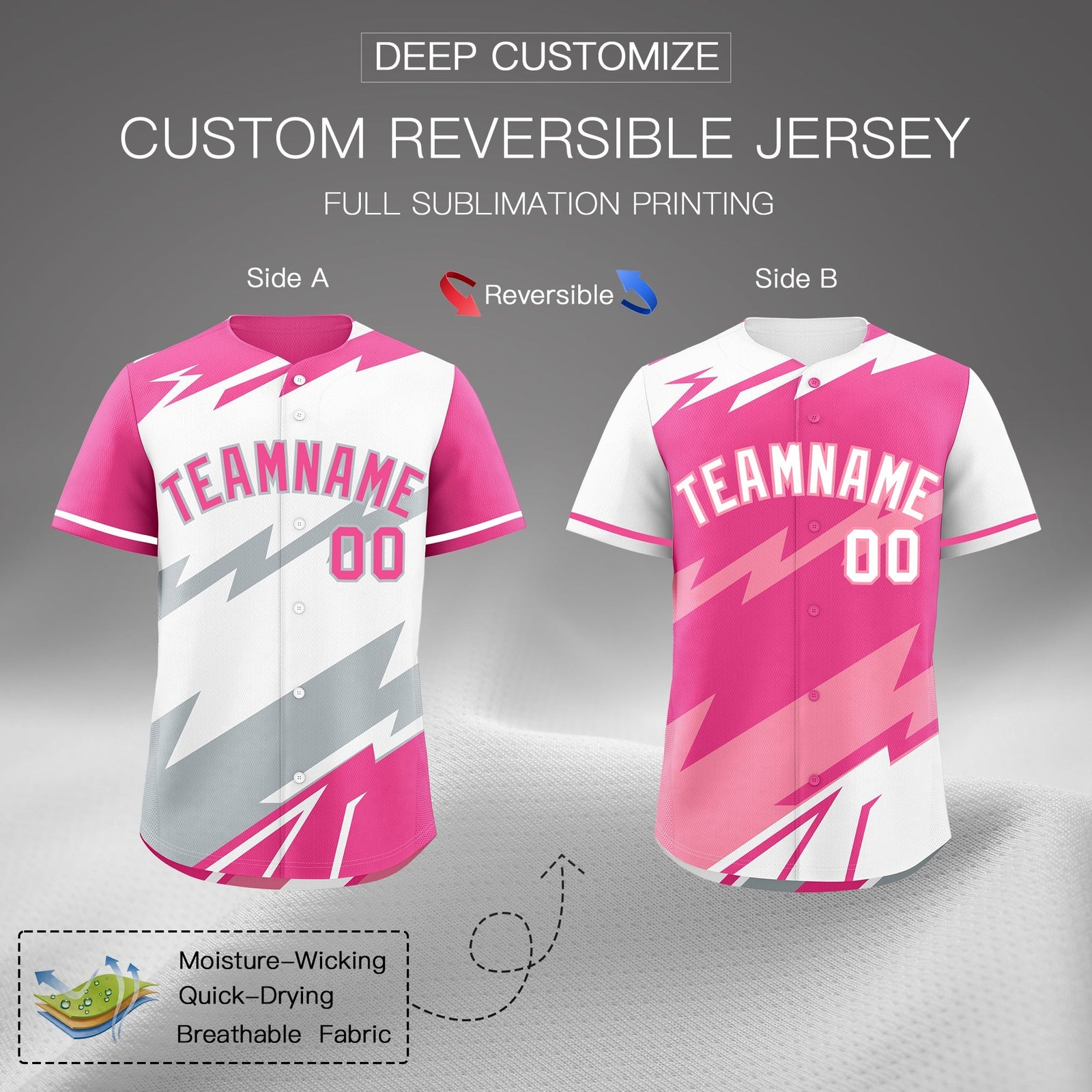 Custom White Pink Silver short sleeves Reversible Lightning Pattern Graffiti Graffiti Pattern Moisture-Wicking Baseball Jersey| KXKSHOP