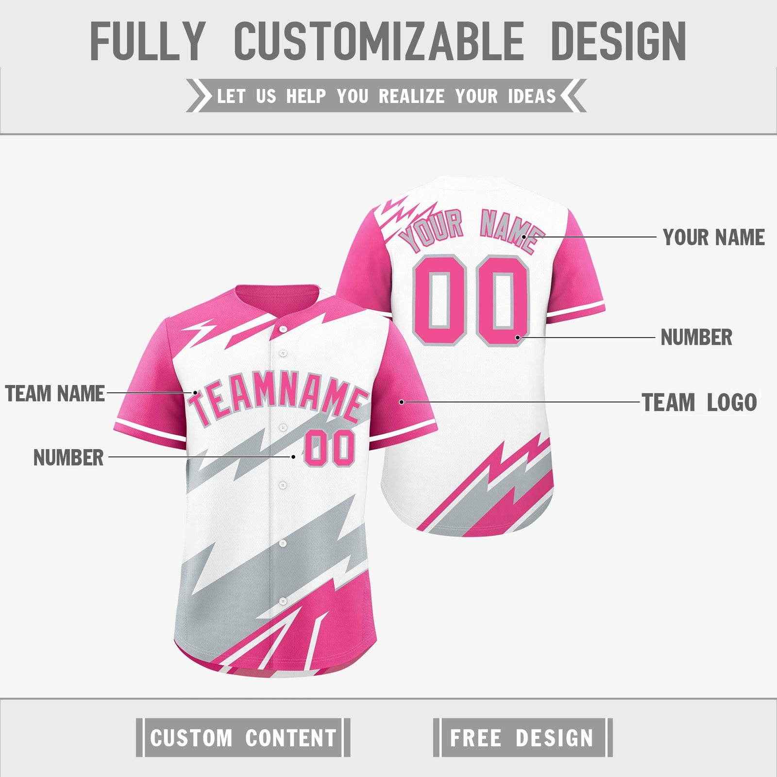 Custom White Pink Silver short sleeves Reversible Lightning Pattern Graffiti Graffiti Pattern Moisture-Wicking Baseball Jersey| KXKSHOP