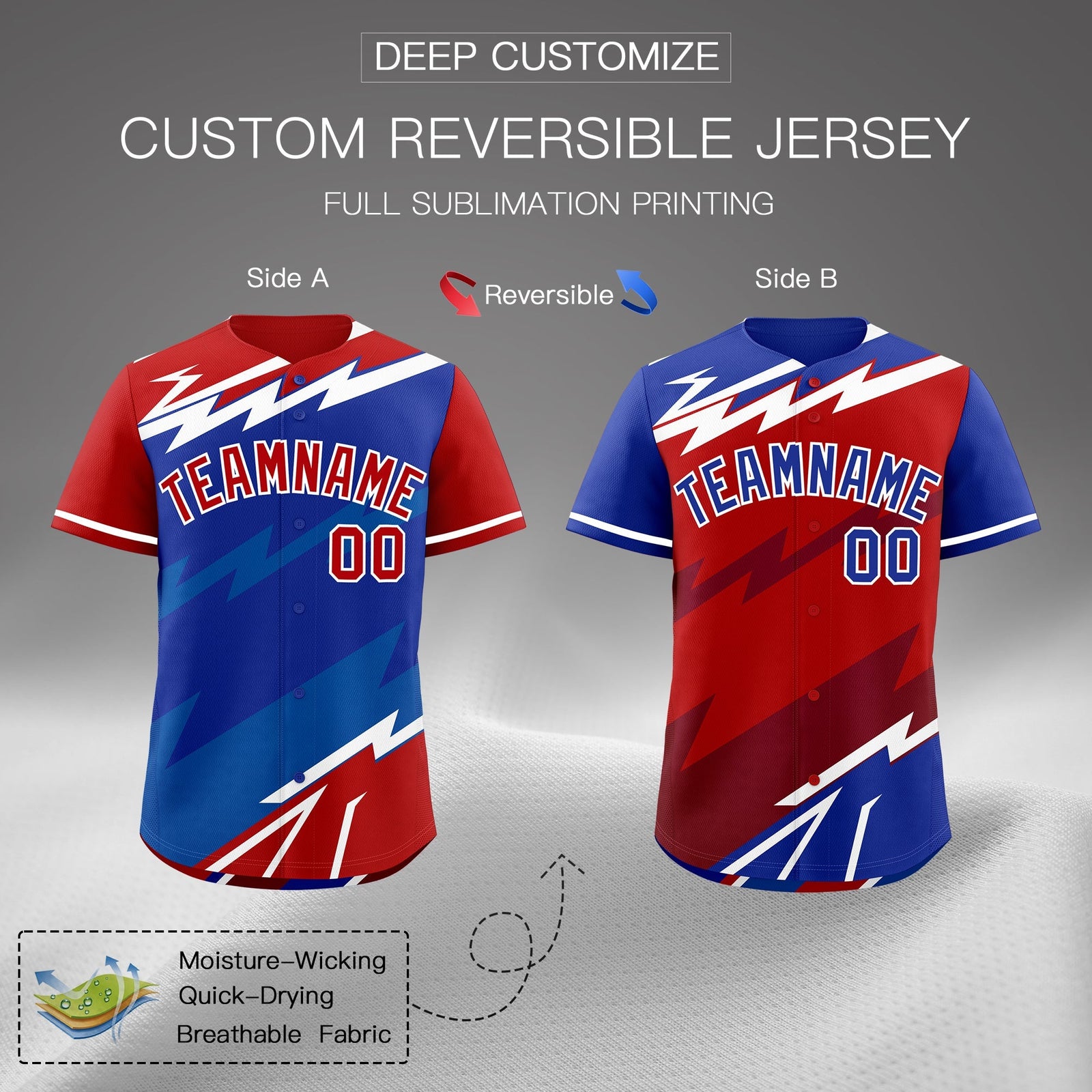 Custom Royal Blue Red Royal short sleeves Reversible Lightning Pattern Graffiti Graffiti Pattern Breathable Baseball Jersey| KXKSHOP