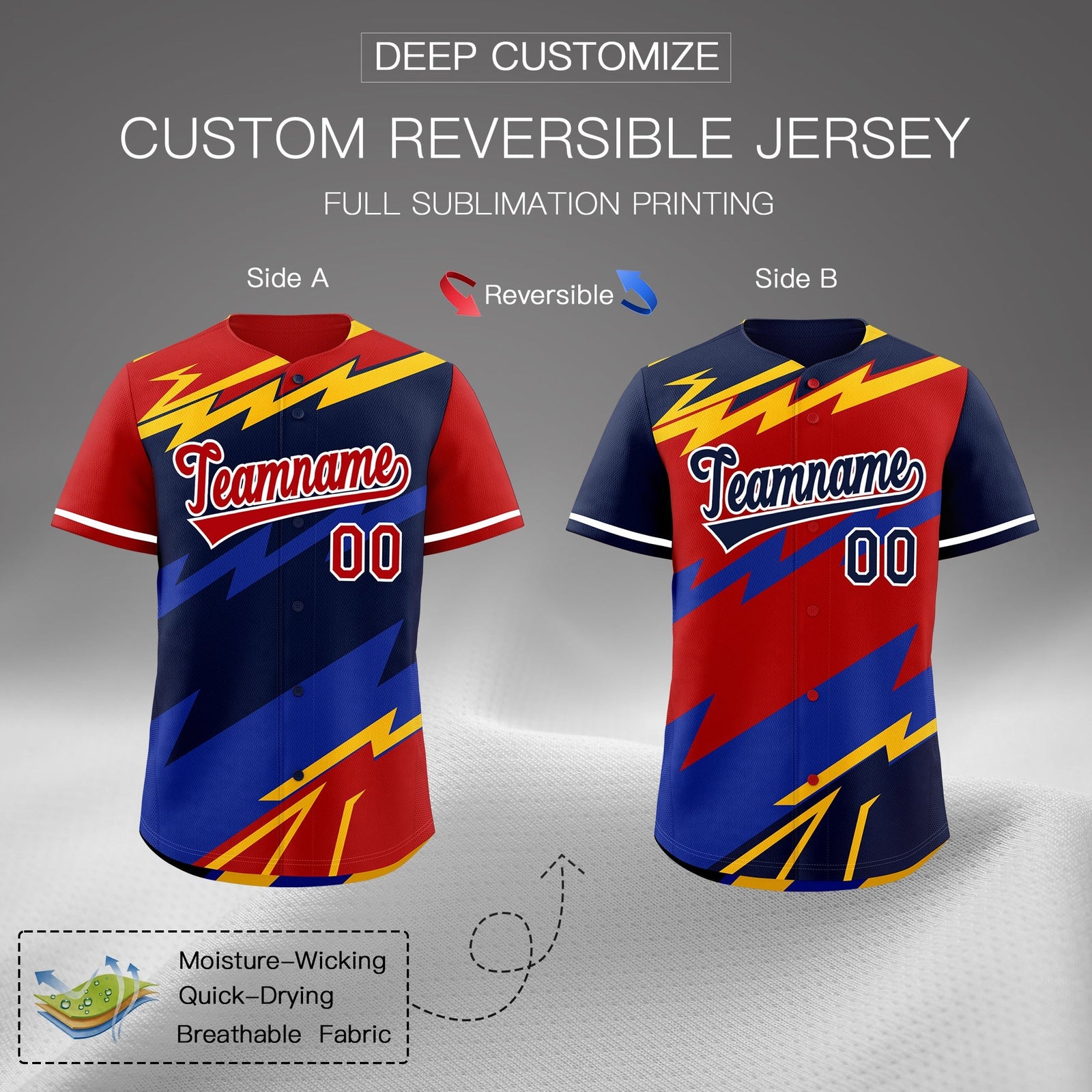 Custom Navy Red Yellow short sleeves Reversible Lightning Pattern Graffiti Graffiti Pattern Lightweight Baseball Jersey| KXKSHOP