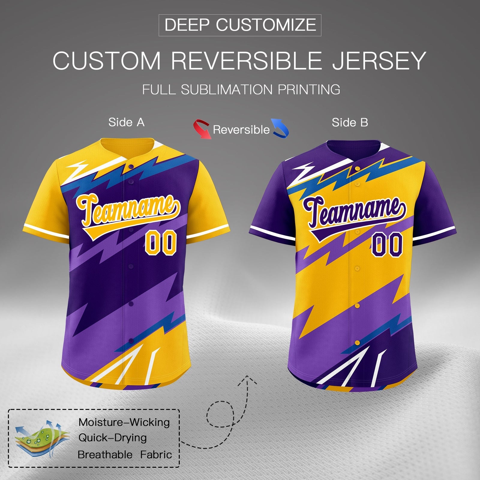 Custom Purple Royal Yellow short sleeves Reversible Lightning Pattern Graffiti Graffiti Pattern Lightweight Baseball Jersey| KXKSHOP