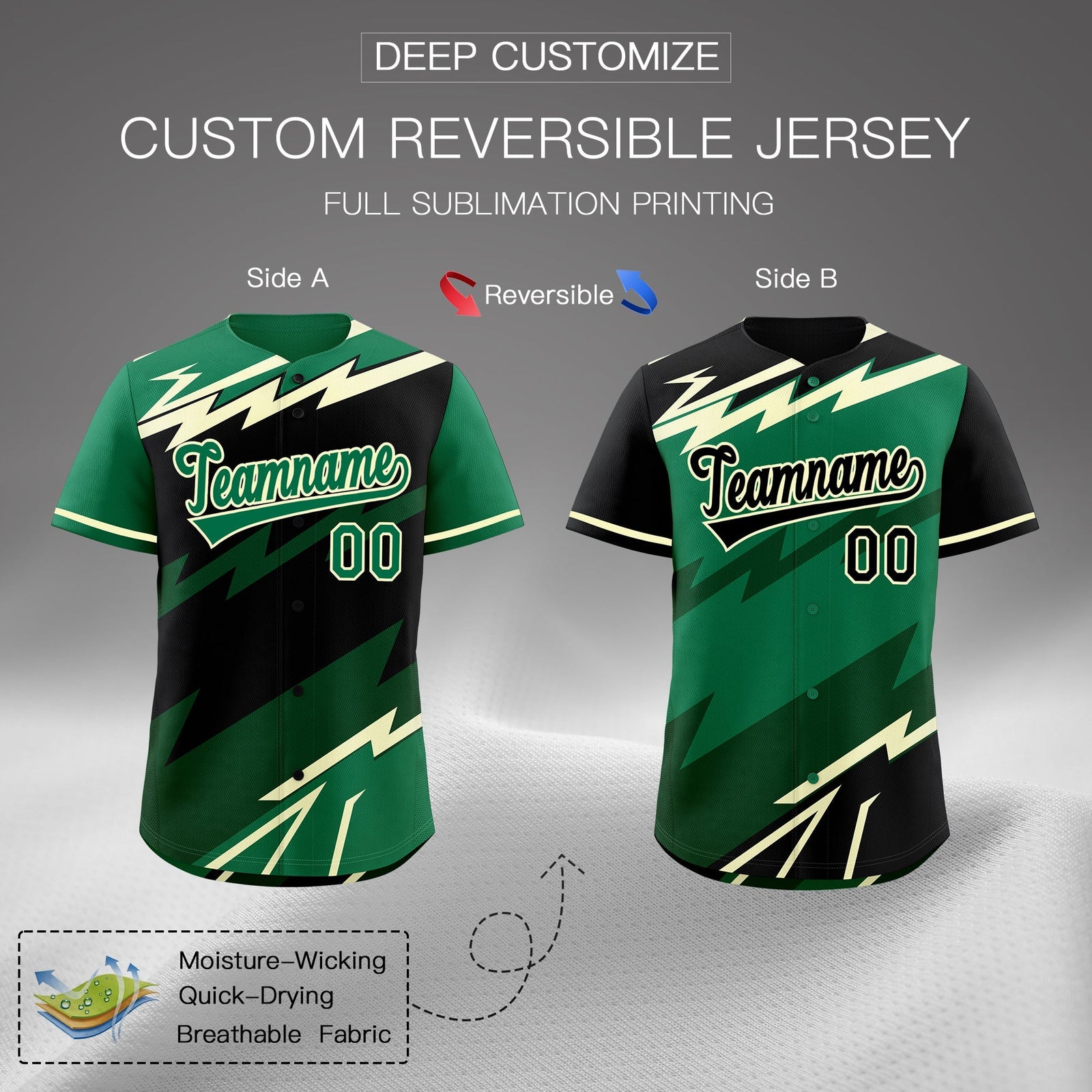 Custom Black Kelly Green Cream short sleeves Reversible Lightning Pattern Graffiti Graffiti Pattern Breathable Baseball Jersey| KXKSHOP