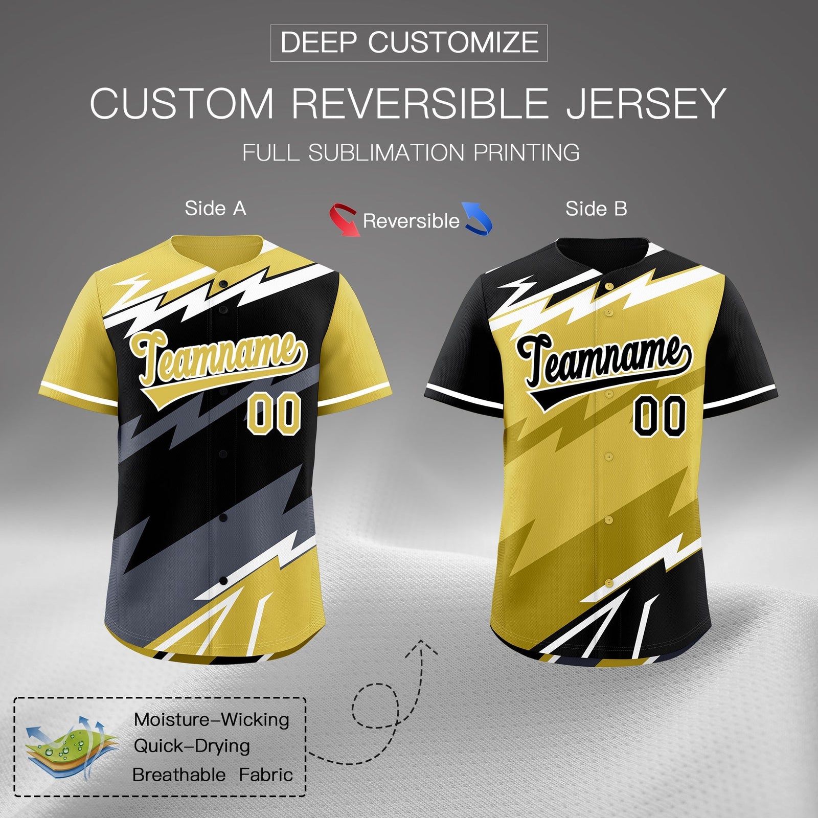 Custom Black Old Gold Gray short sleeves Reversible Lightning Pattern Graffiti Graffiti Pattern Moisture-Wicking Baseball Jersey| KXKSHOP