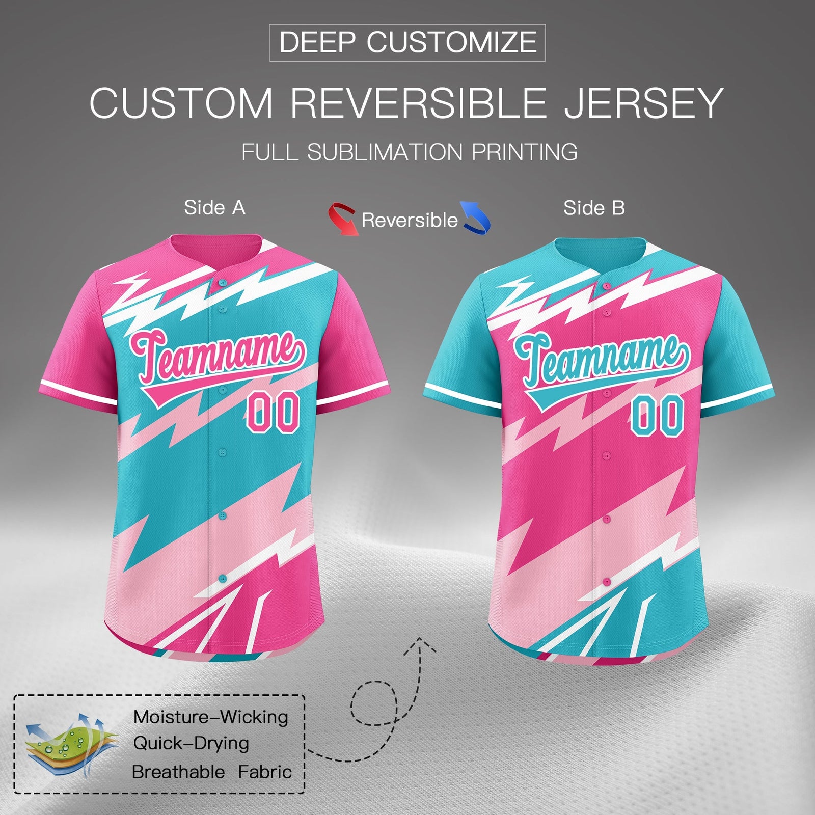 Custom Sky Blue Light Pink Pink short sleeves Reversible Lightning Pattern Graffiti Graffiti Pattern Breathable Baseball Jersey| KXKSHOP