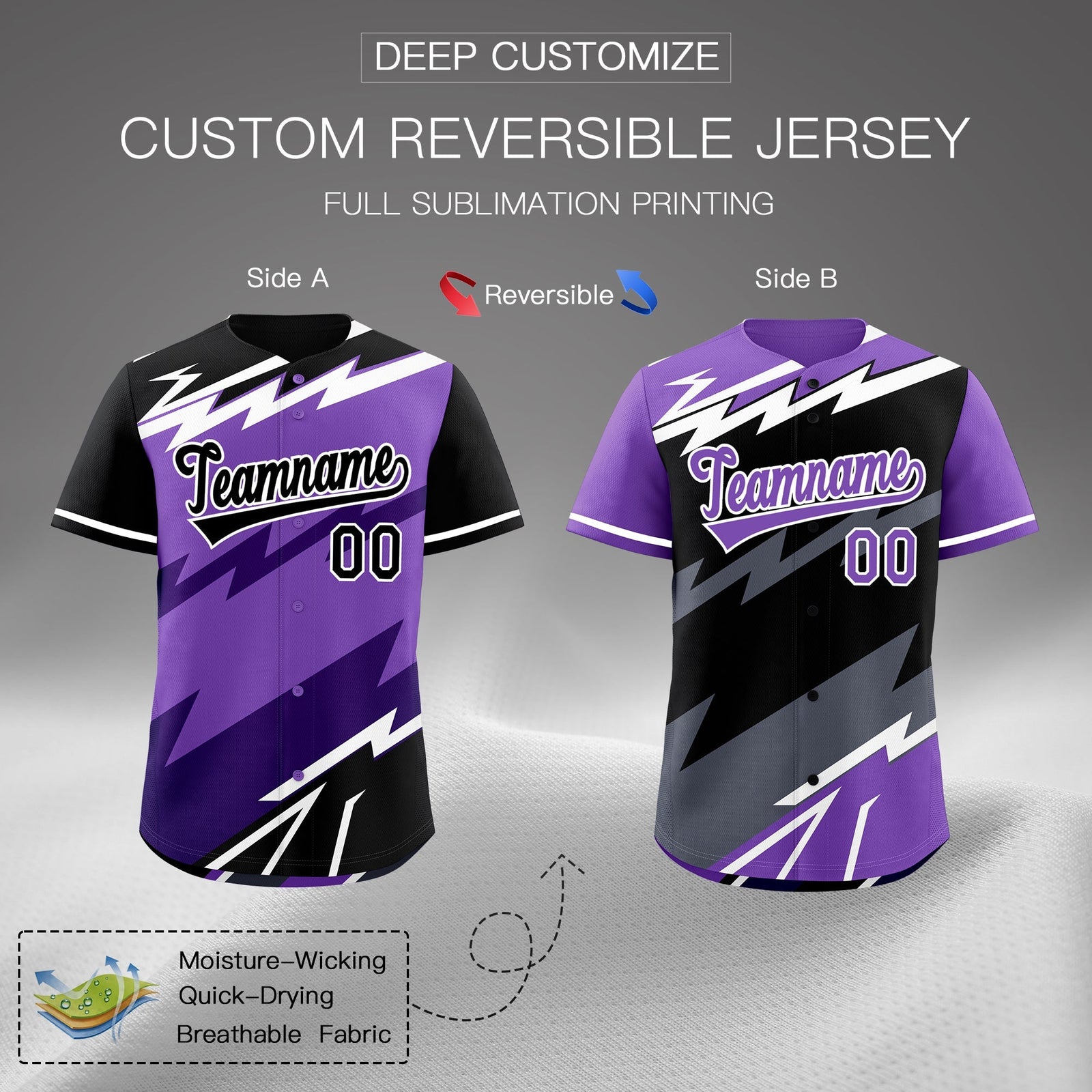 Custom Purple Black White short sleeves Reversible Lightning Pattern Graffiti Graffiti Pattern Lightweight Baseball Jersey| KXKSHOP