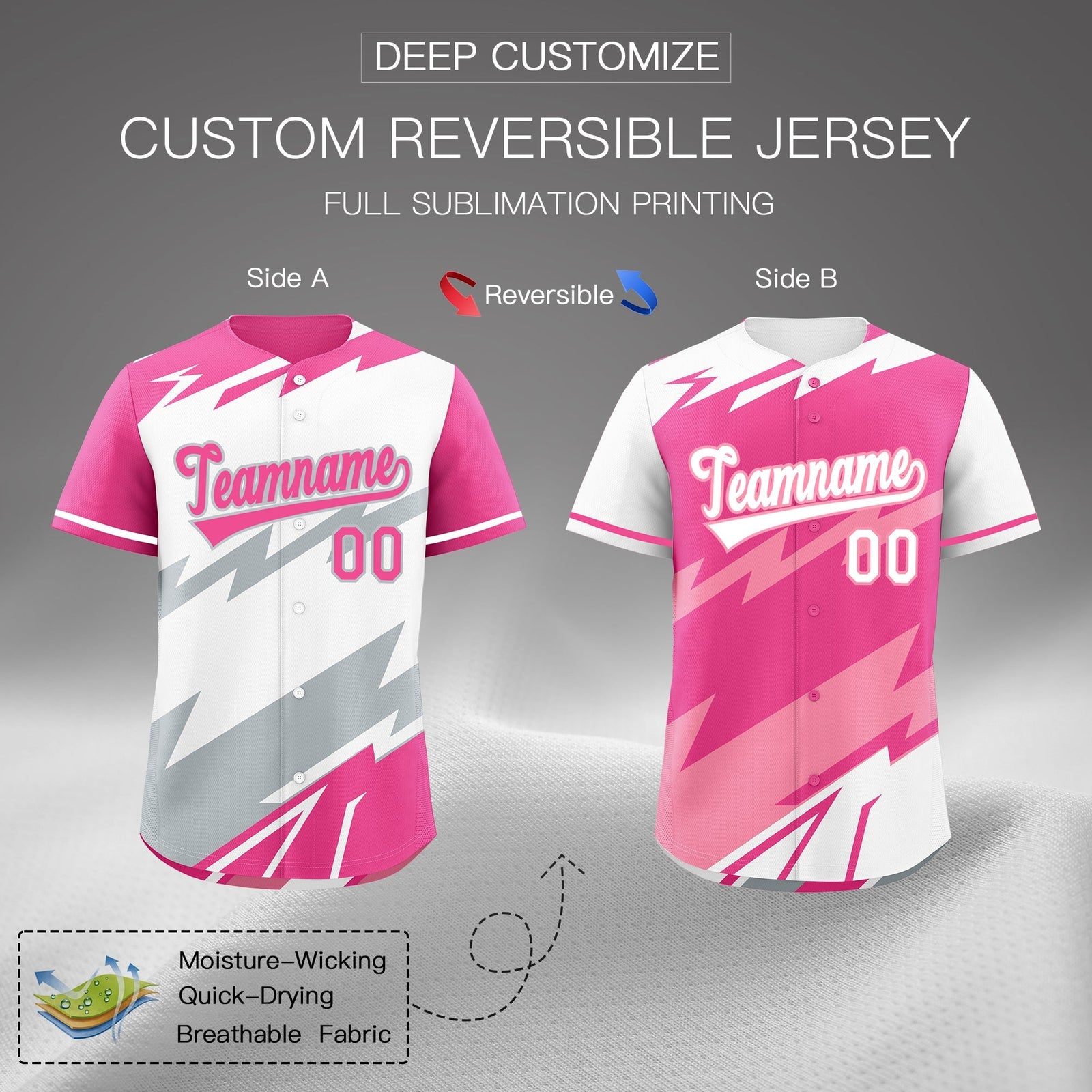 Custom White Pink Silver short sleeves Reversible Lightning Pattern Graffiti Graffiti Pattern Moisture-Wicking Baseball Jersey| KXKSHOP