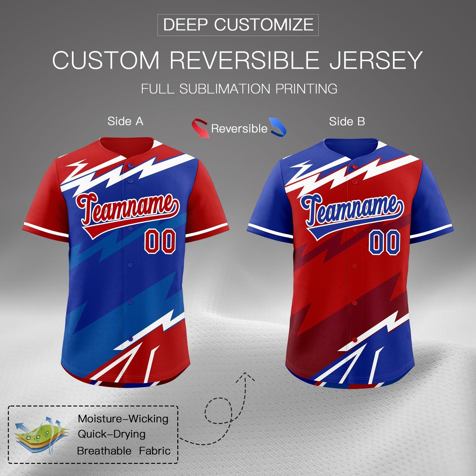 Custom Royal Blue Red Royal short sleeves Reversible Lightning Pattern Graffiti Graffiti Pattern Breathable Baseball Jersey| KXKSHOP