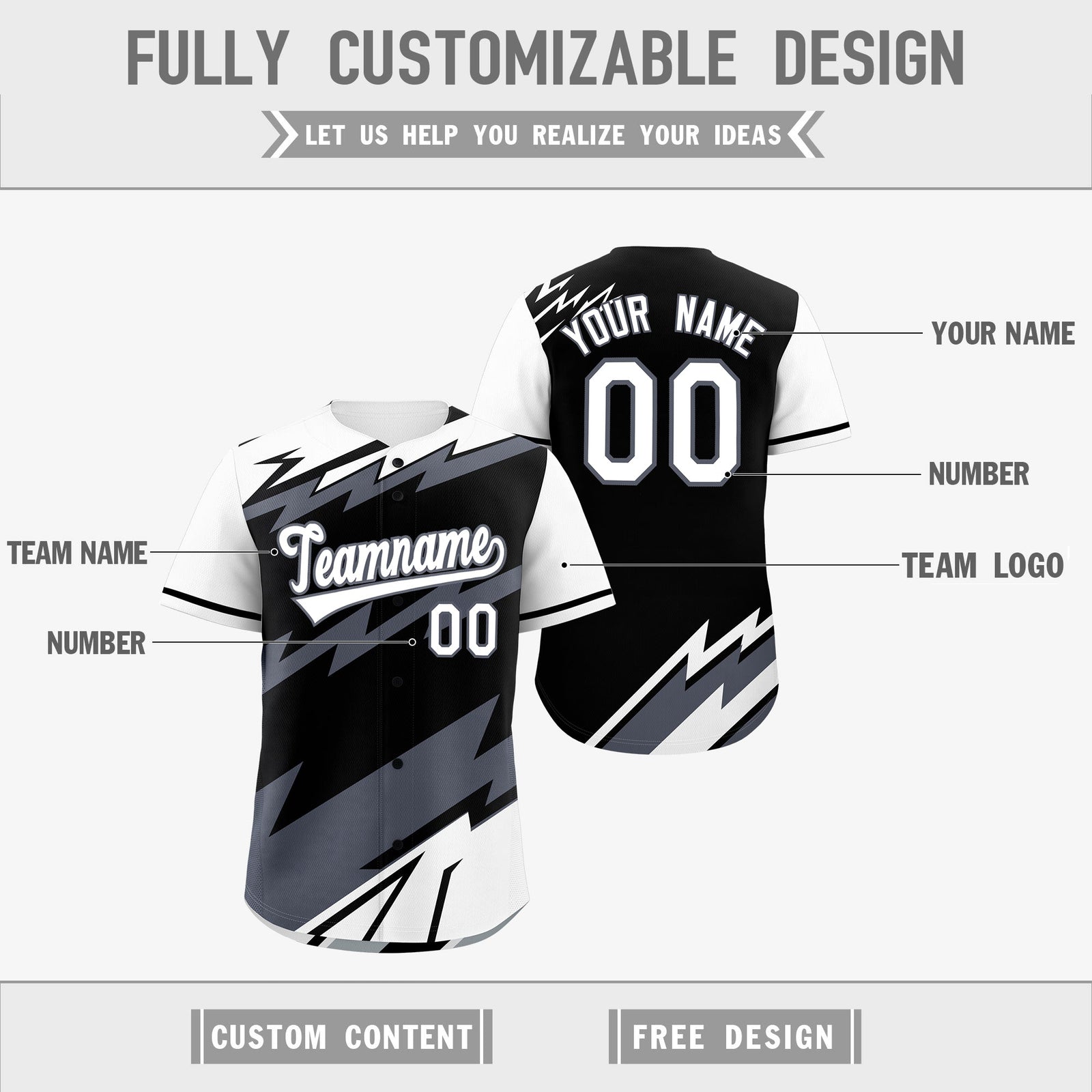 Custom Black White Gray short sleeves Reversible Lightning Pattern Graffiti Graffiti Pattern Lightweight Baseball Jersey| KXKSHOP