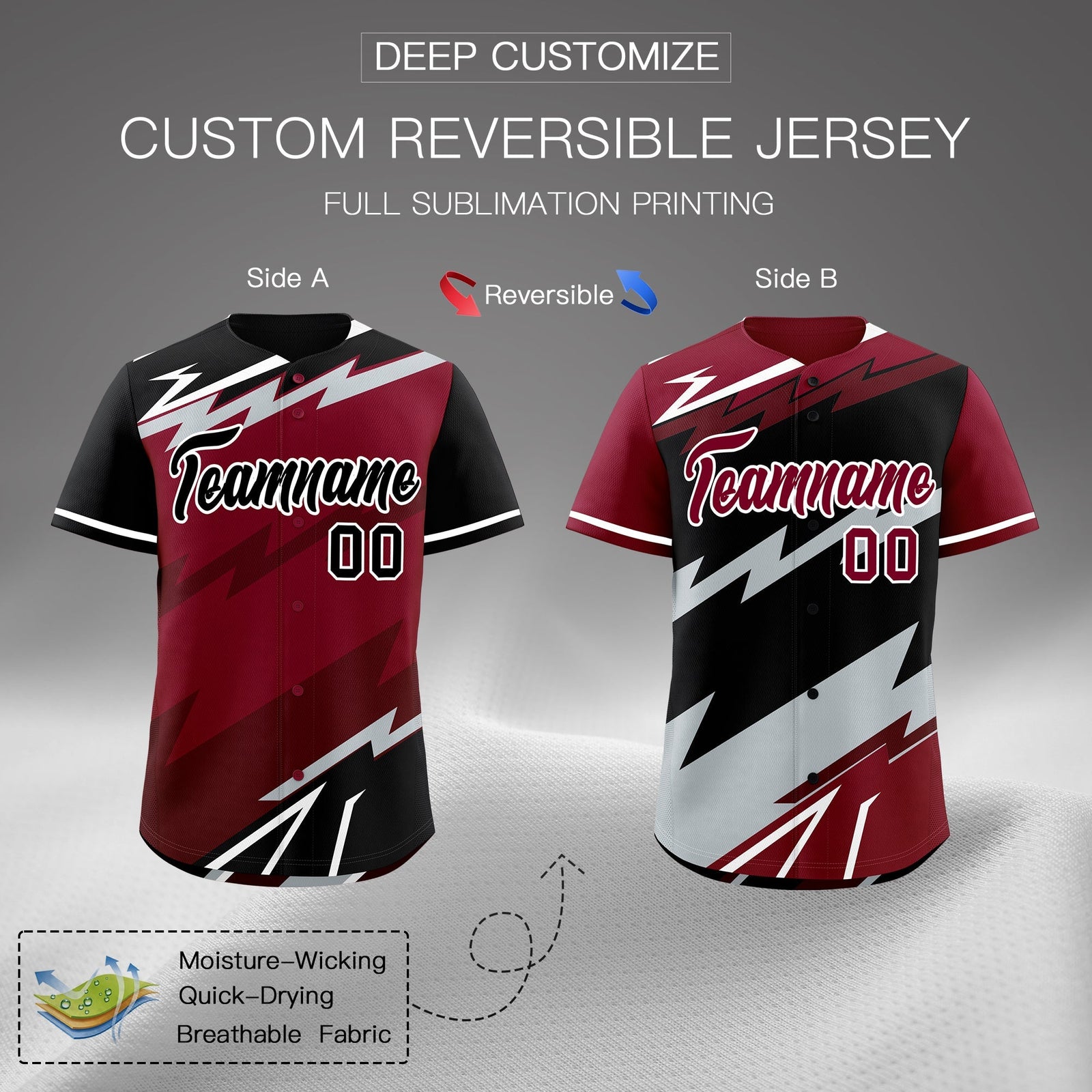 Custom Crimson Black Burgundy short sleeves Reversible Lightning Pattern Graffiti Graffiti Pattern Moisture-Wicking Baseball Jersey| KXKSHOP