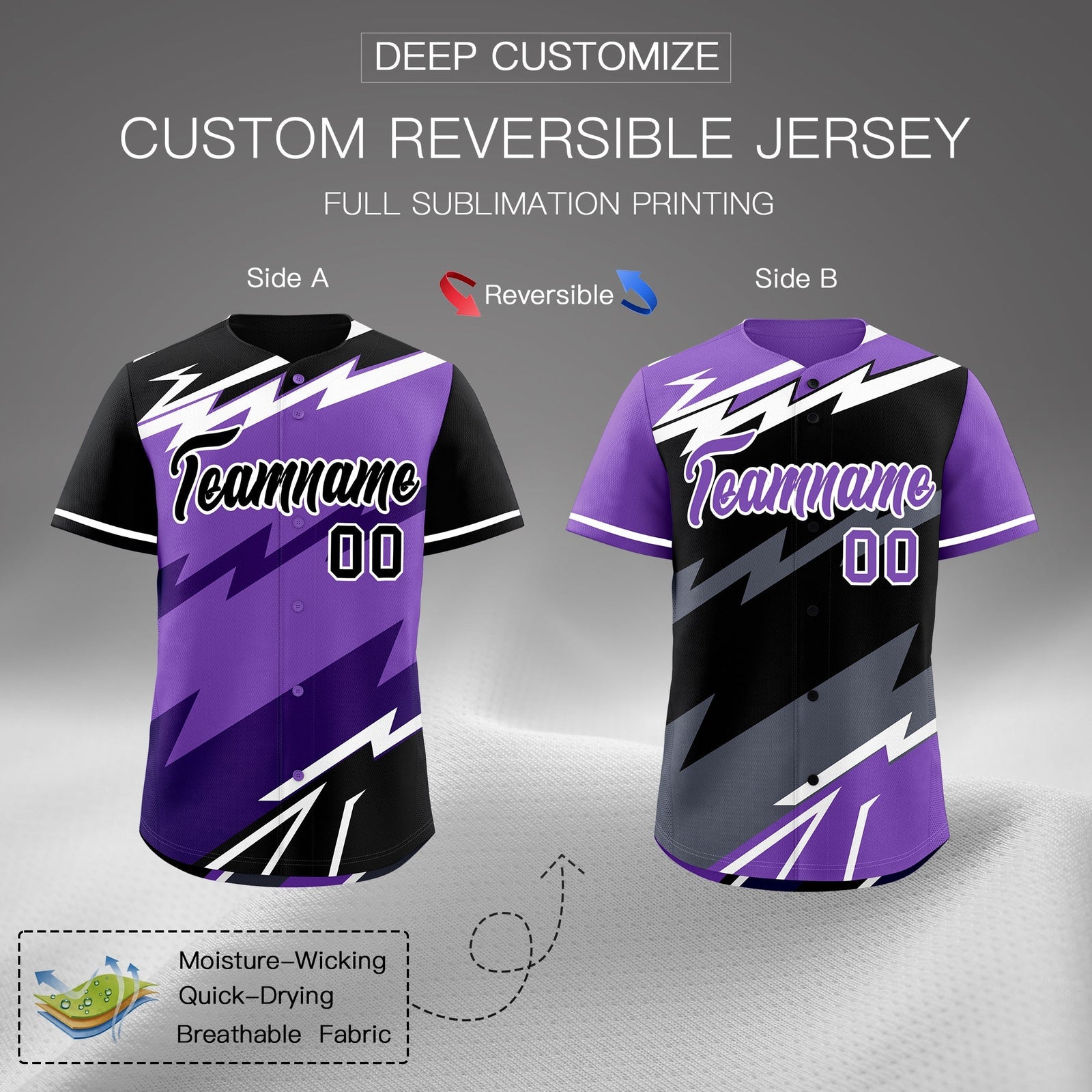 Custom Purple Black White short sleeves Reversible Lightning Pattern Graffiti Graffiti Pattern Lightweight Baseball Jersey| KXKSHOP