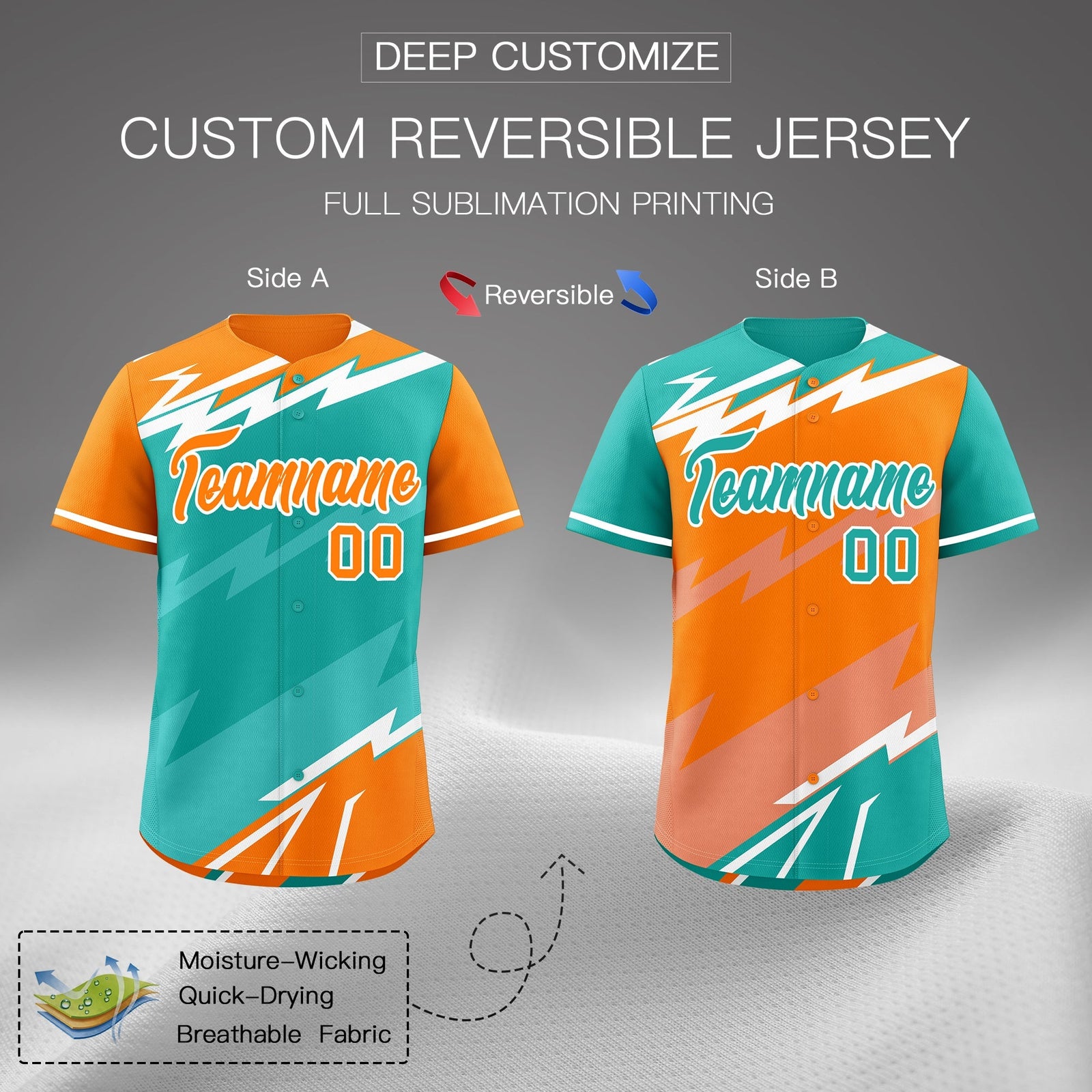 Custom Aqua Orange Teal short sleeves Reversible Lightning Pattern Graffiti Graffiti Pattern Lightweight Baseball Jersey| KXKSHOP
