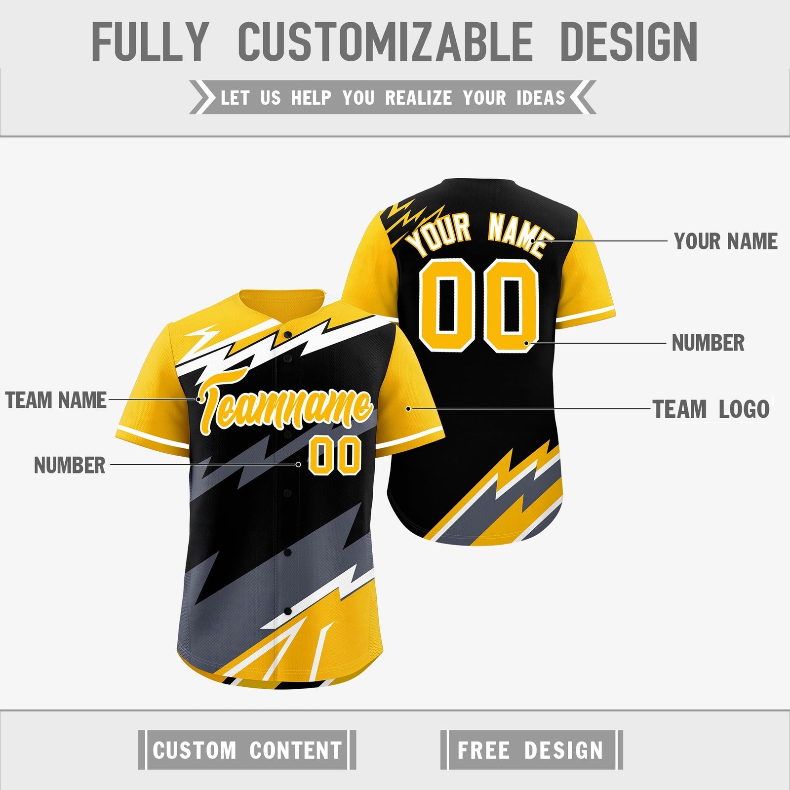 Custom Black Yellow Gray short sleeves Reversible Lightning Pattern Graffiti Graffiti Pattern Lightweight Baseball Jersey| KXKSHOP