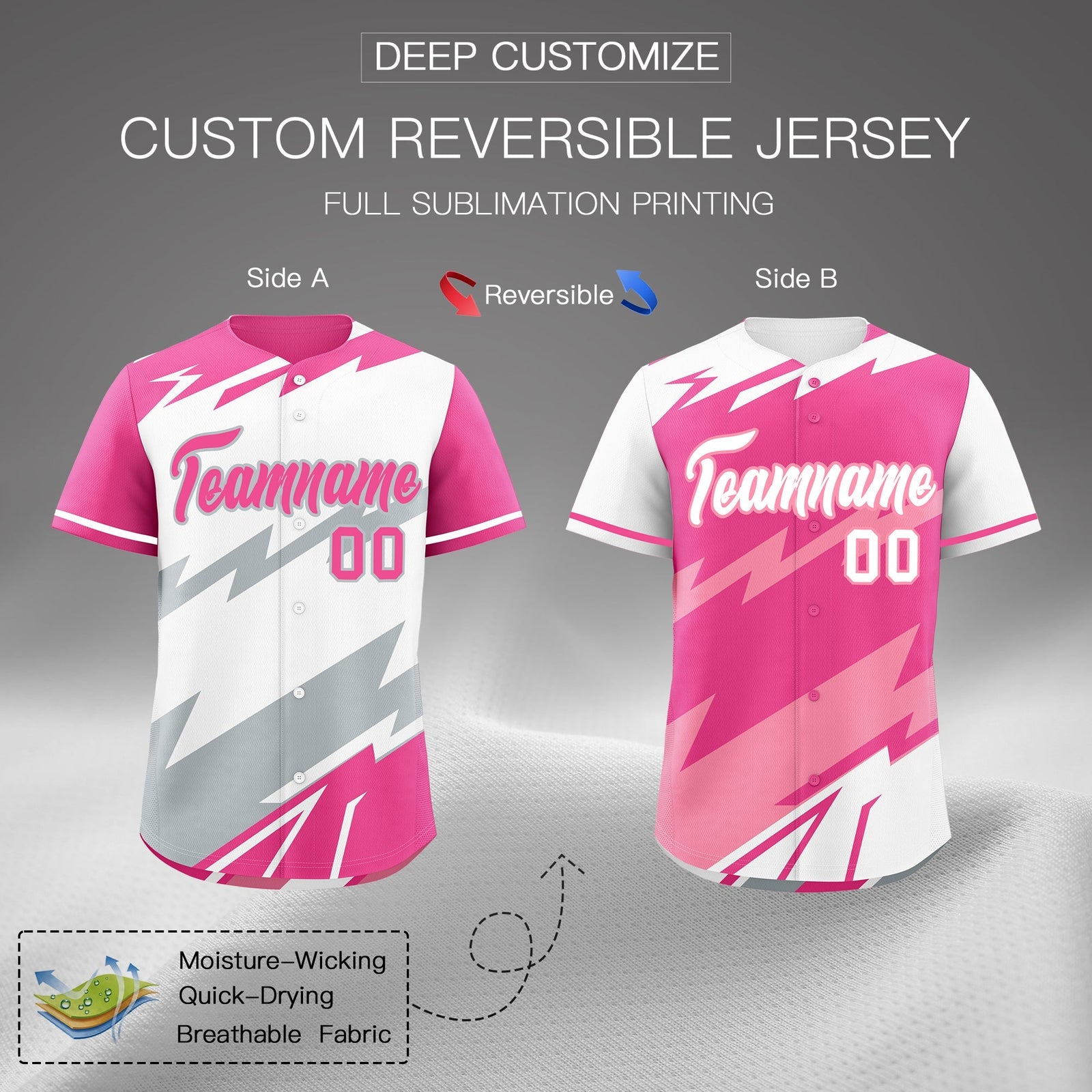Custom White Pink Silver short sleeves Reversible Lightning Pattern Graffiti Graffiti Pattern Moisture-Wicking Baseball Jersey| KXKSHOP