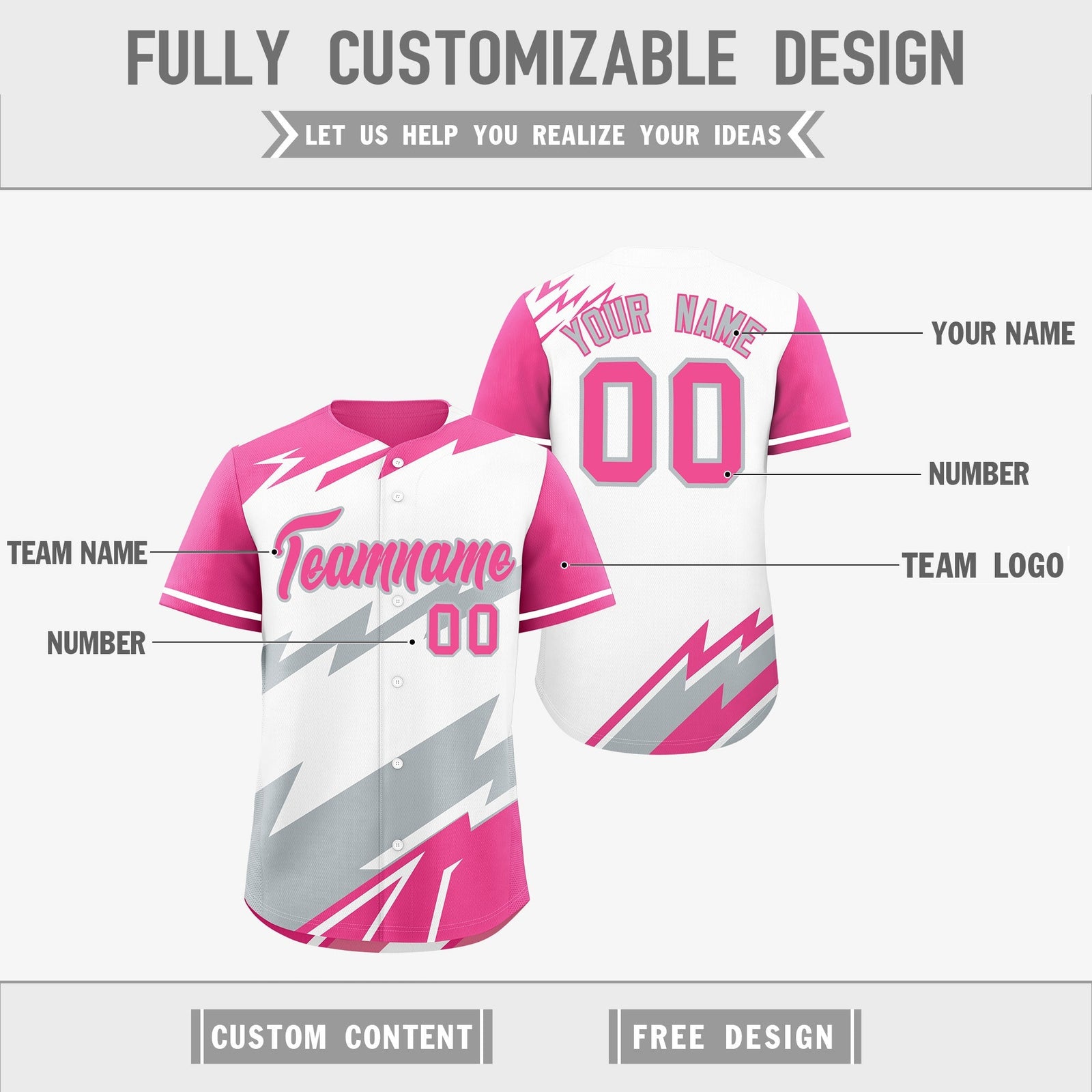 Custom White Pink Silver short sleeves Reversible Lightning Pattern Graffiti Graffiti Pattern Moisture-Wicking Baseball Jersey| KXKSHOP