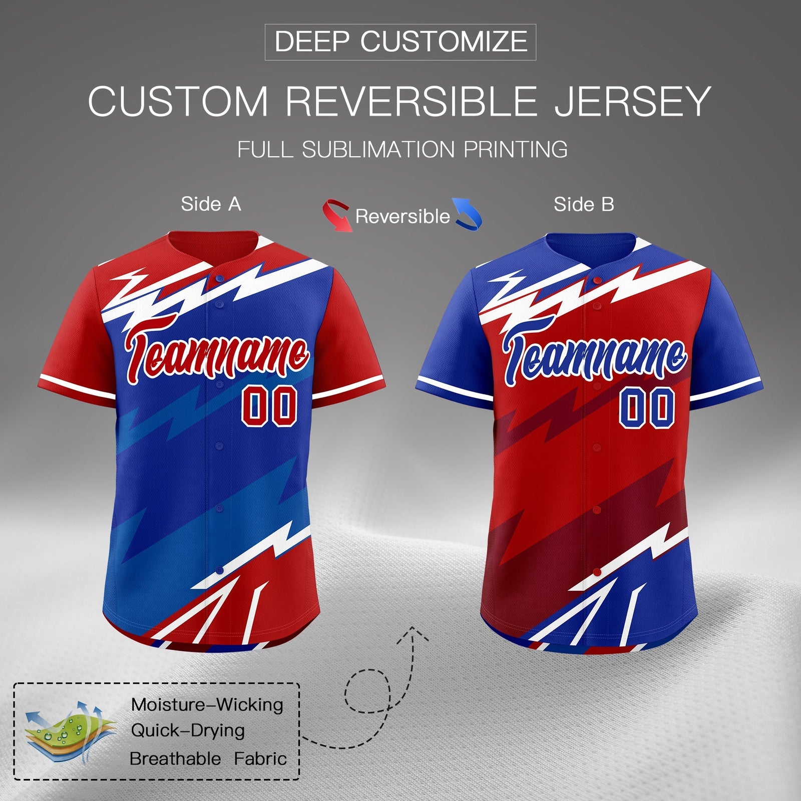 Custom Royal Blue Red Royal short sleeves Reversible Lightning Pattern Graffiti Graffiti Pattern Breathable Baseball Jersey| KXKSHOP
