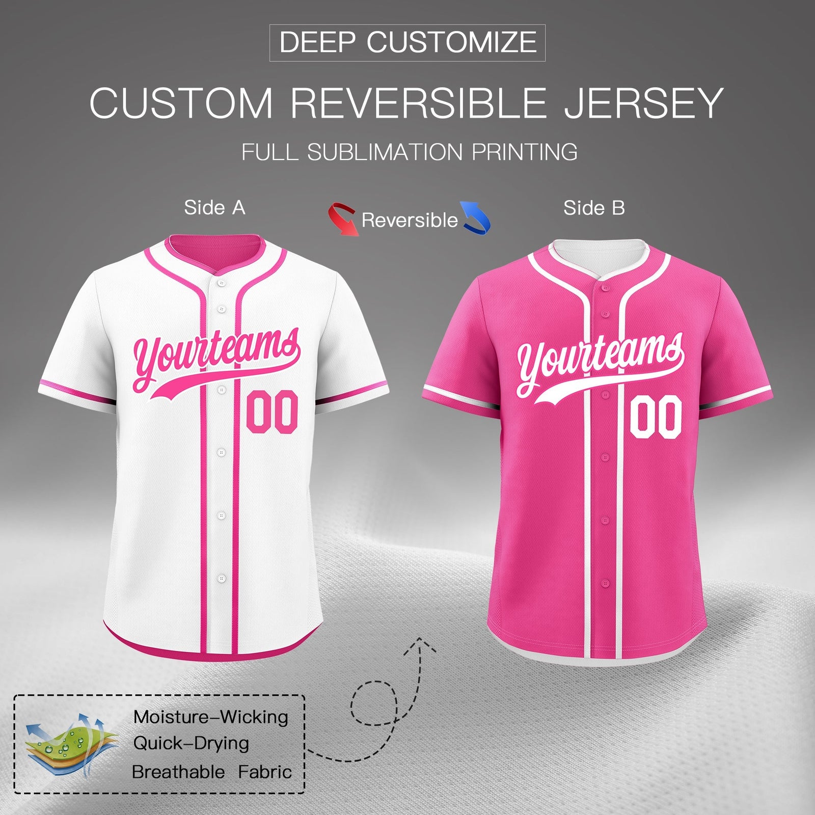Custom Pink White Reversible Classic Style Moisture-Wicking Baseball Jersey| KXKSHOP
