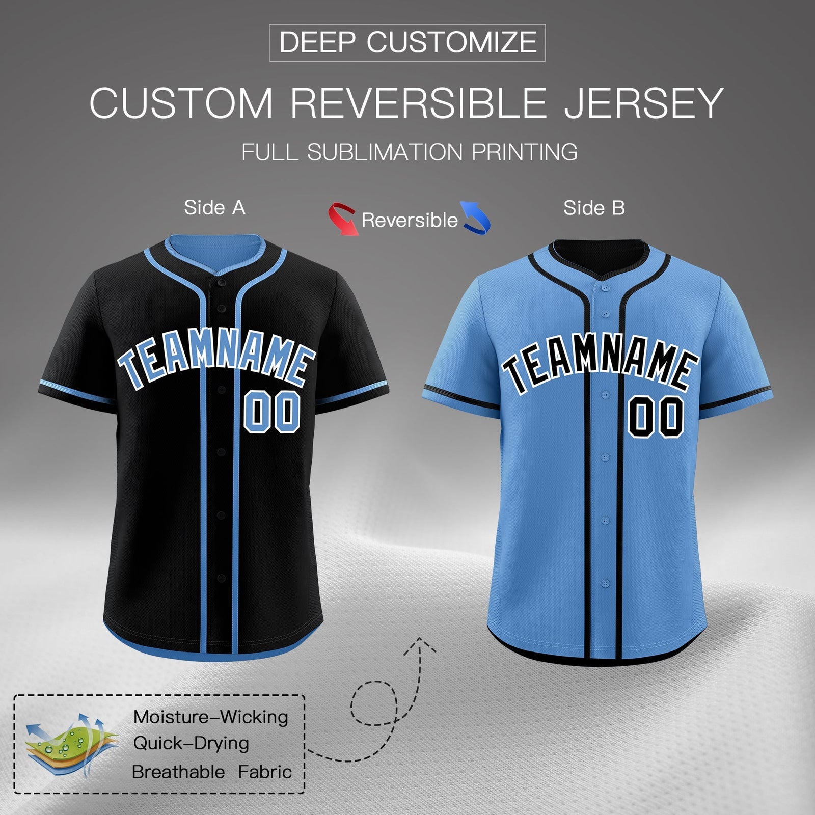 Custom Light Blue Black Reversible Classic Style Moisture-Wicking Baseball Jersey| KXKSHOP