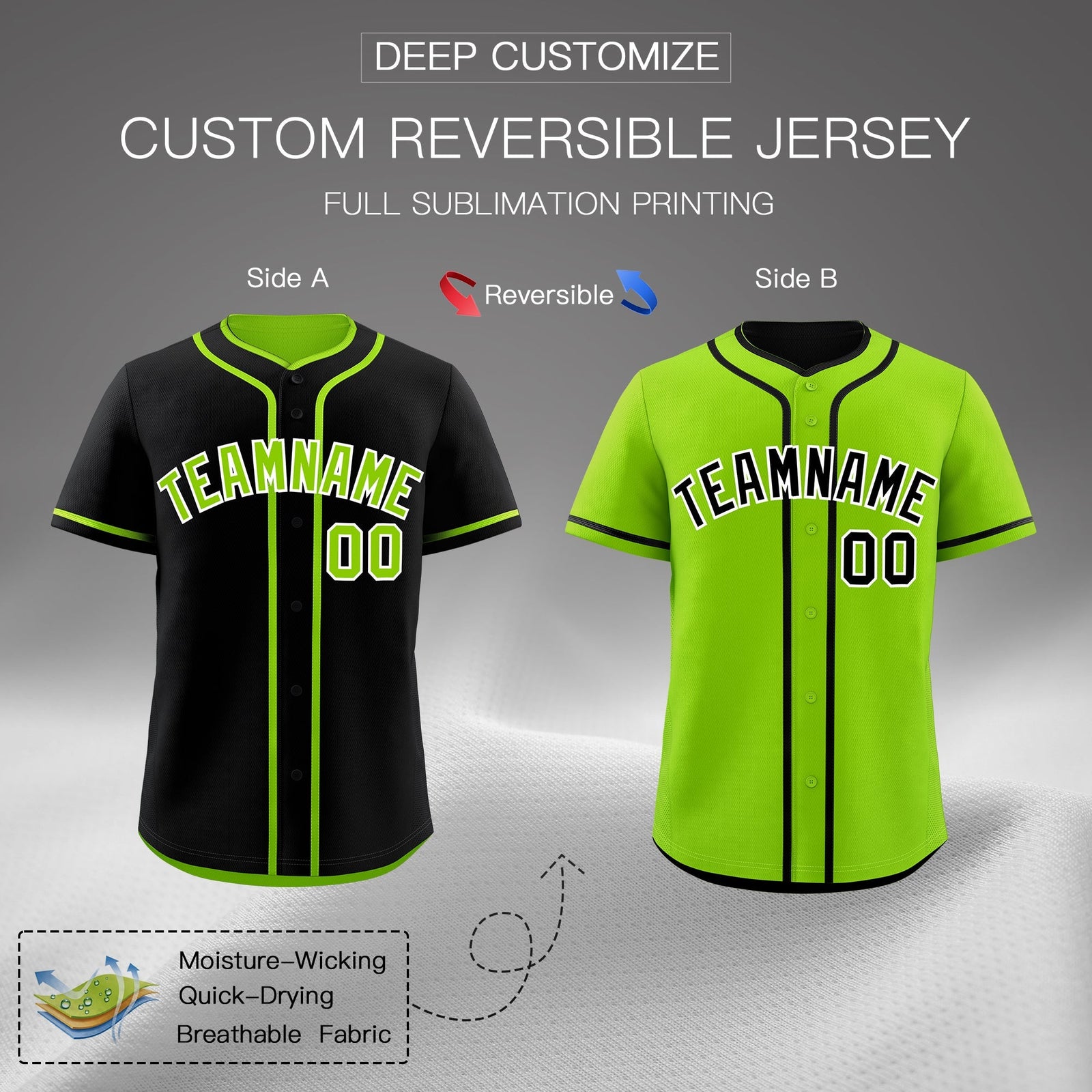 Custom Neon Green Black Reversible Classic Style Lightweight Baseball Jersey| KXKSHOP