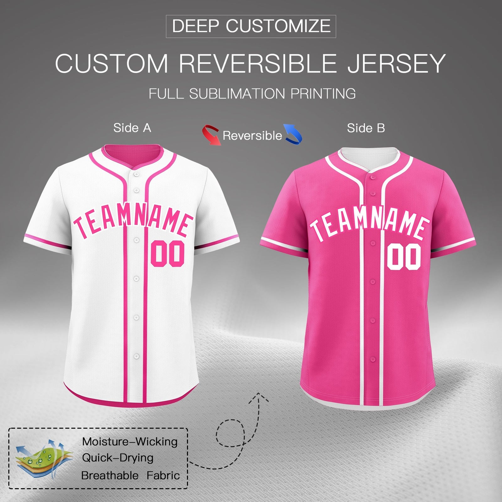 Custom Pink White Reversible Classic Style Moisture-Wicking Baseball Jersey| KXKSHOP
