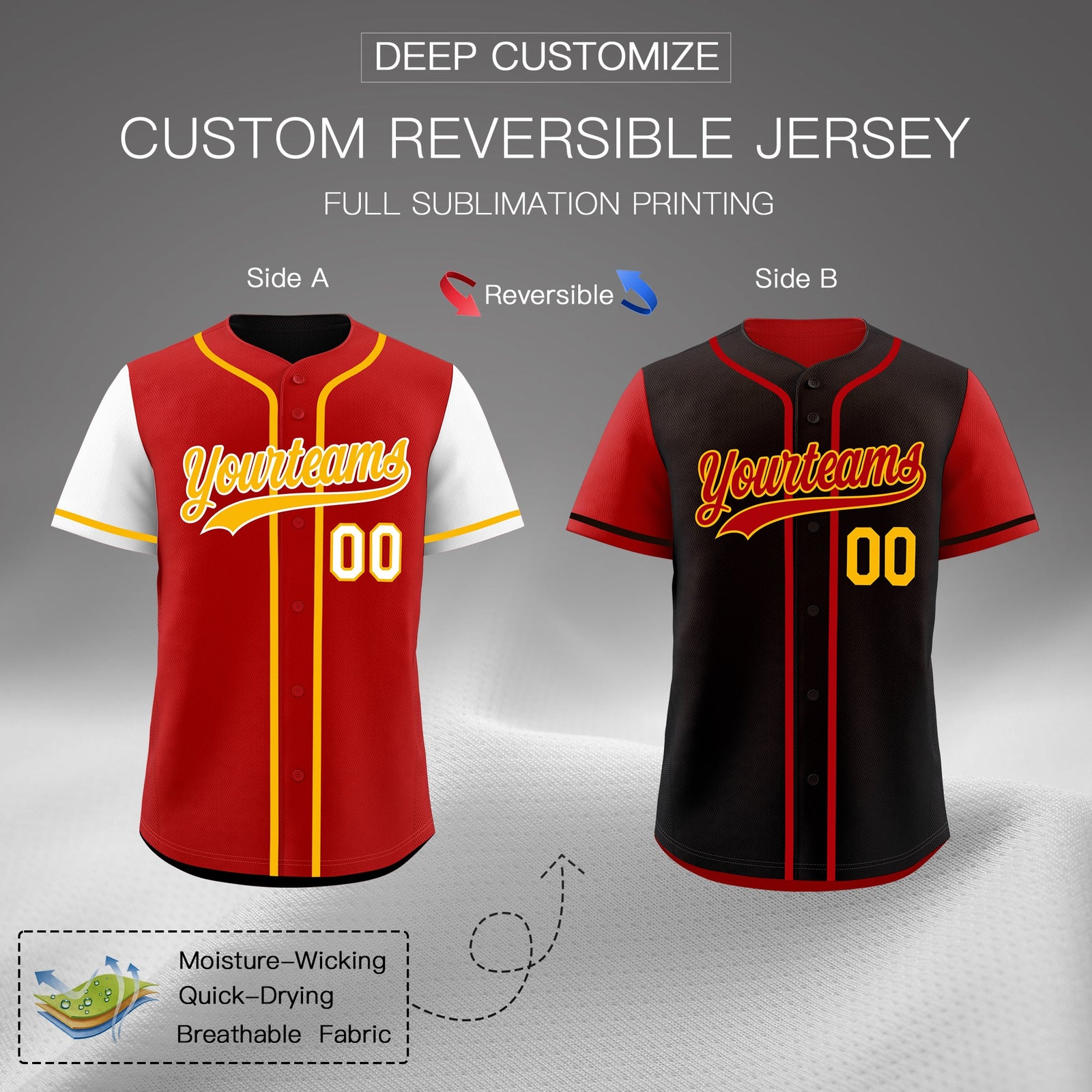 Custom Red Black Yellow Reversible Raglan Sleeves Baseball Jersey| KXKSHOP