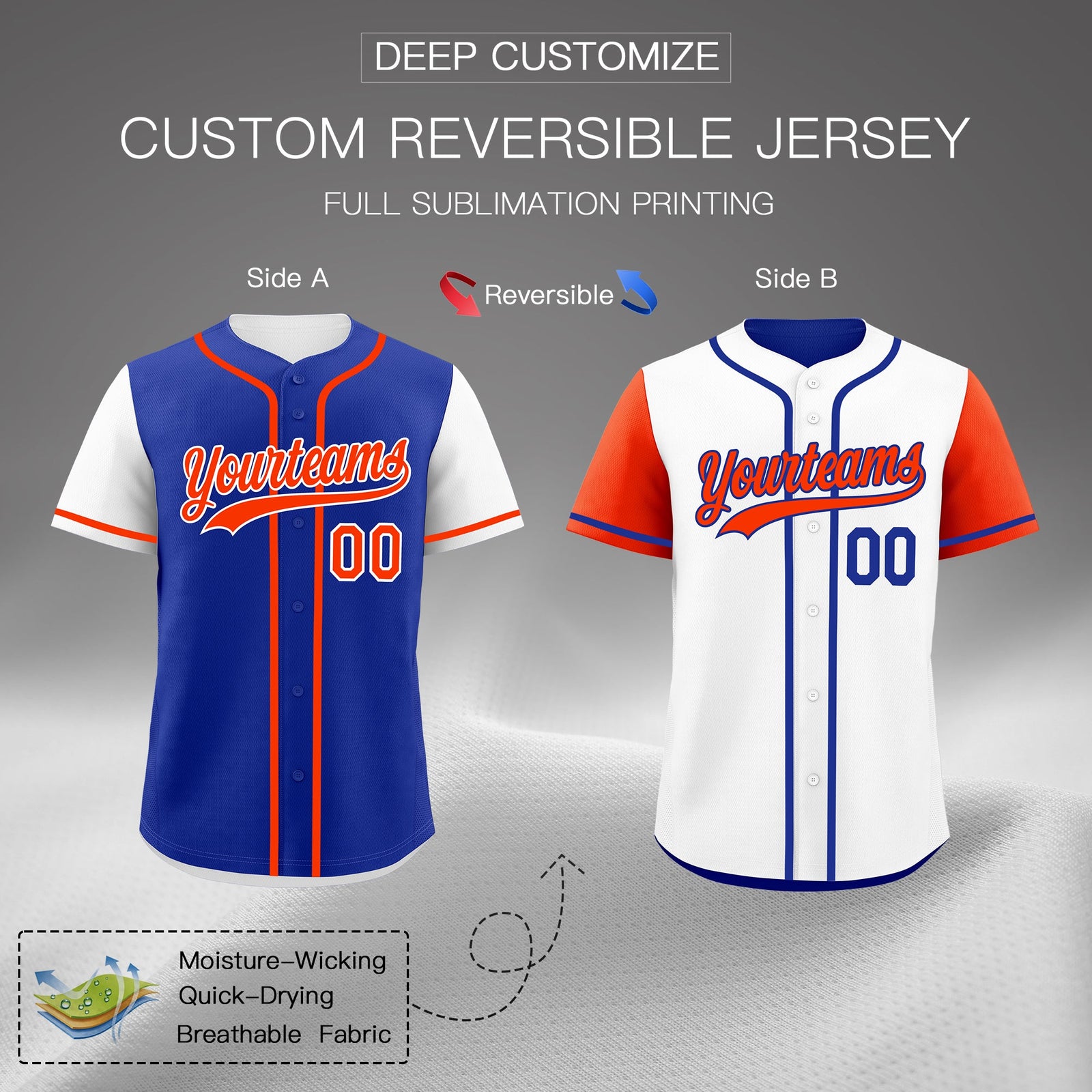 Custom Royal Blue White Orange Reversible Raglan Sleeves Baseball Jersey| KXKSHOP