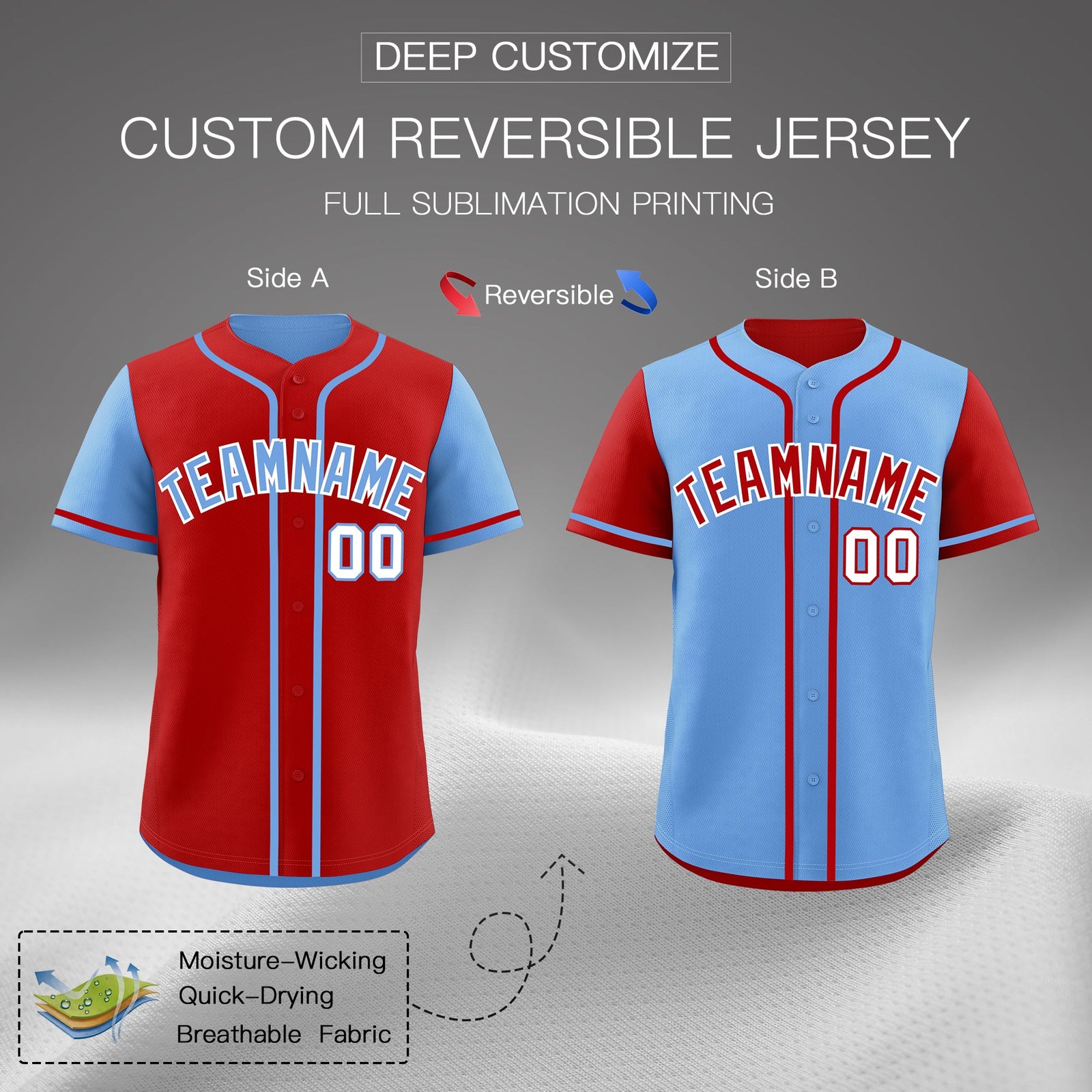Custom Light Blue Red Reversible Raglan Sleeves Baseball Jersey| KXKSHOP