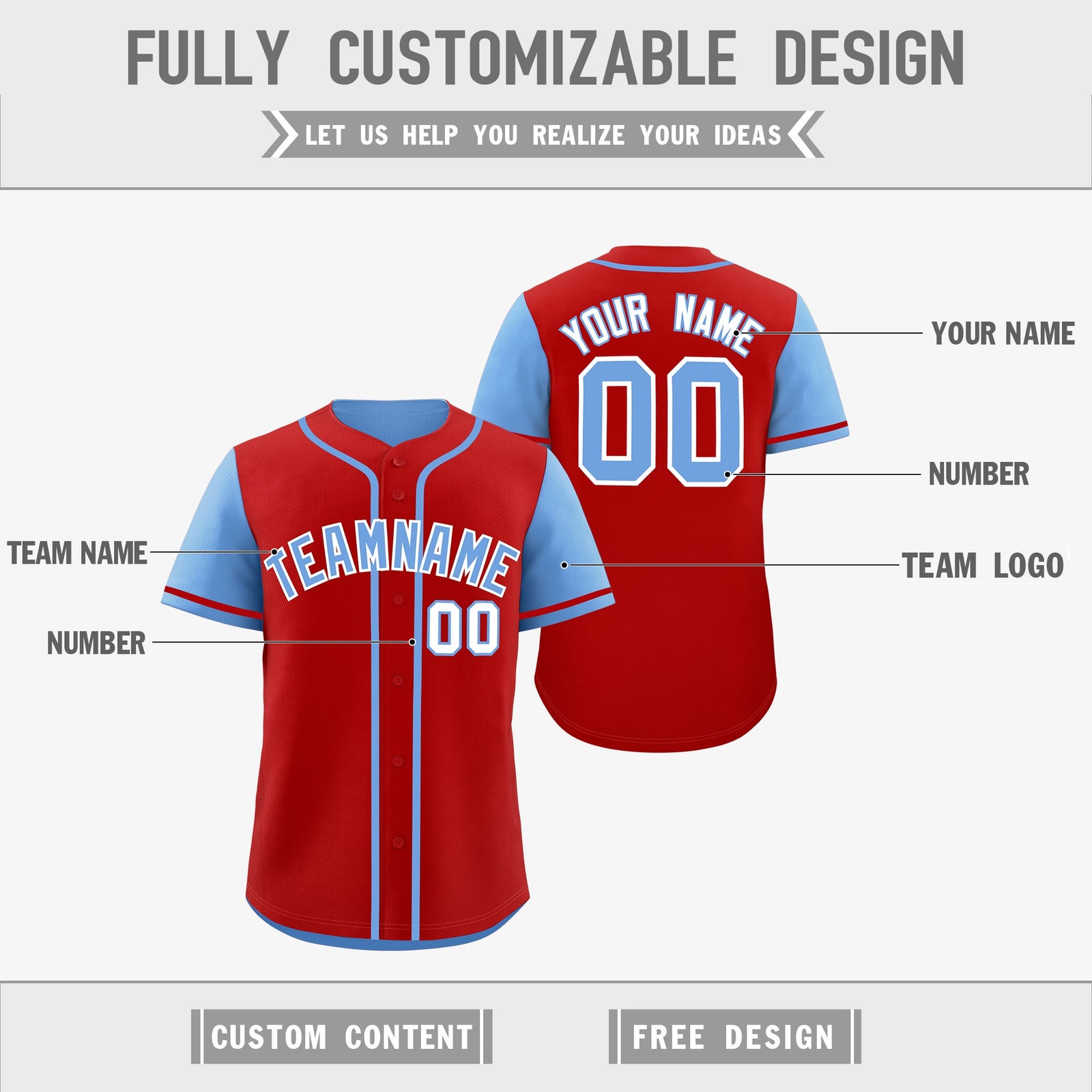 Custom Light Blue Red Reversible Raglan Sleeves Baseball Jersey| KXKSHOP