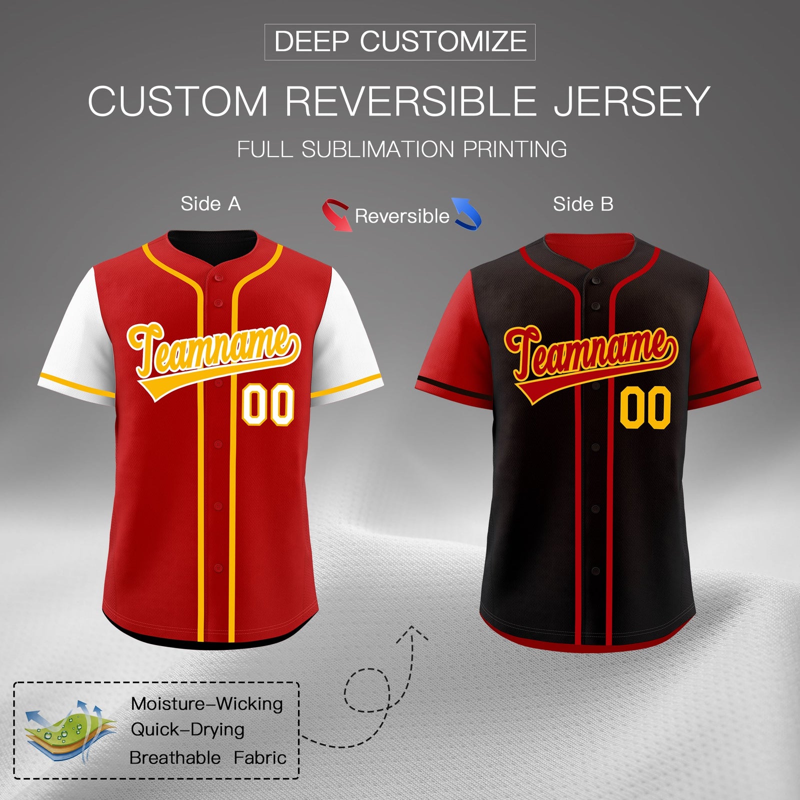 Custom Red Black Yellow Reversible Raglan Sleeves Baseball Jersey| KXKSHOP