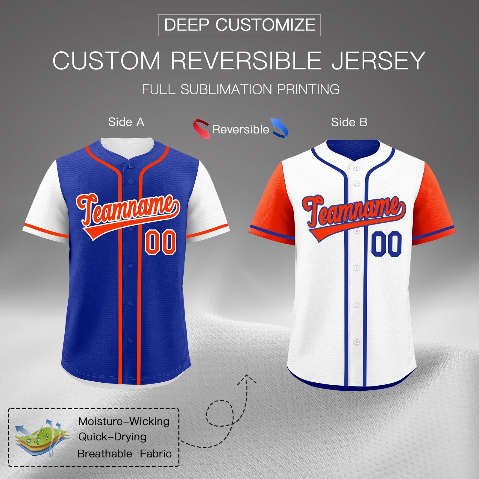 Custom Royal Blue White Orange Reversible Raglan Sleeves Baseball Jersey| KXKSHOP
