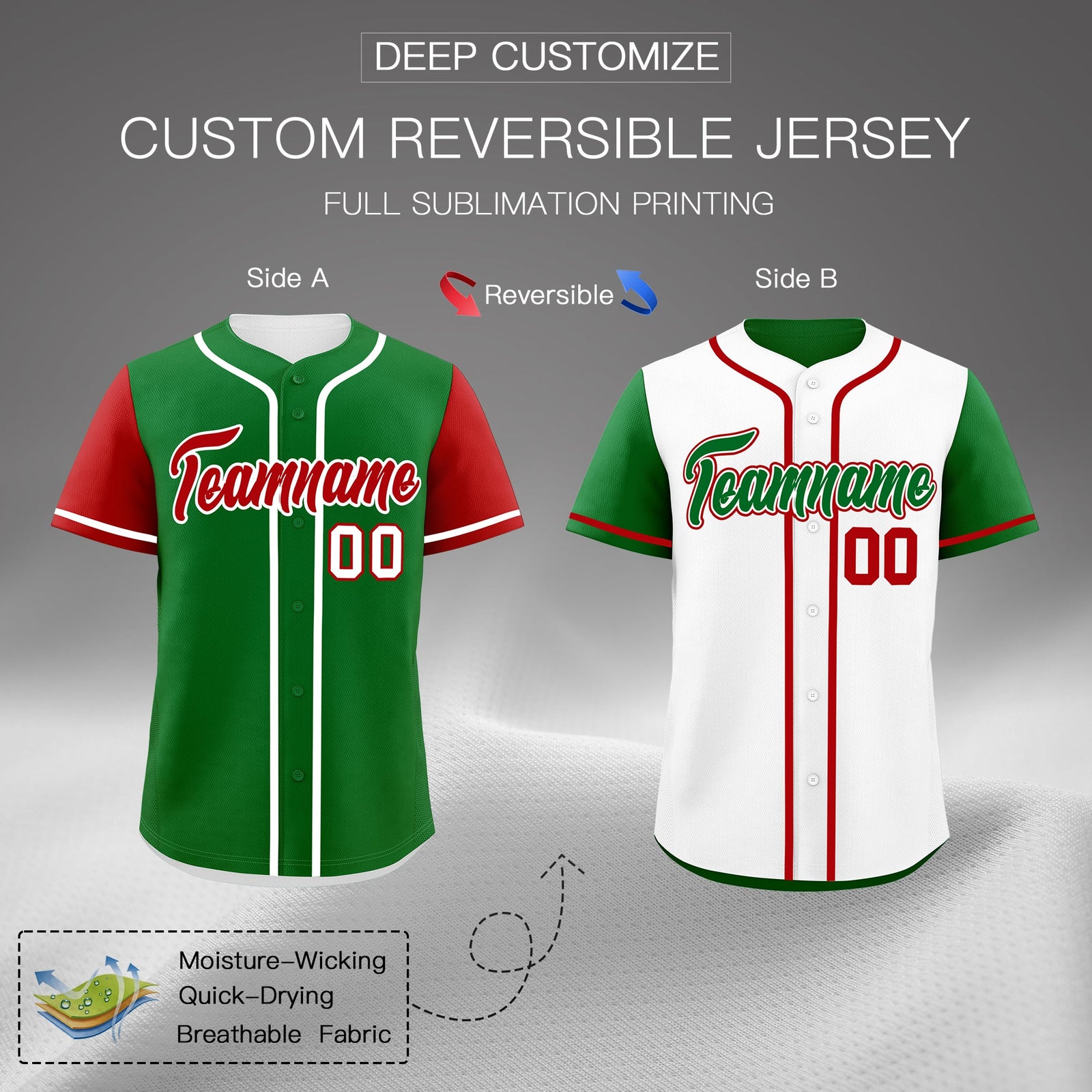 Custom Kelly Green White Red Reversible Raglan Sleeves Baseball Jersey| KXKSHOP
