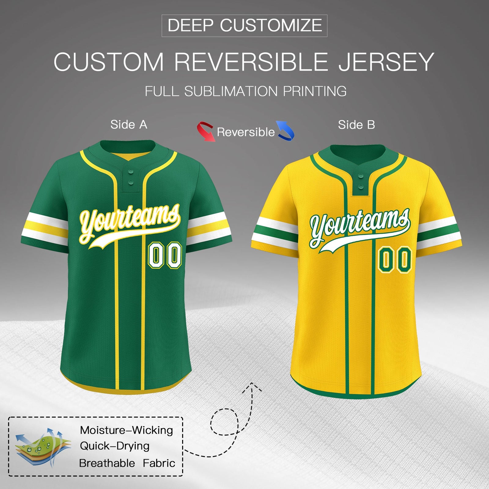 Custom White Gold Kelly Green Reversible Classic Style Two-Button Baseball Jersey| KXKSHOP