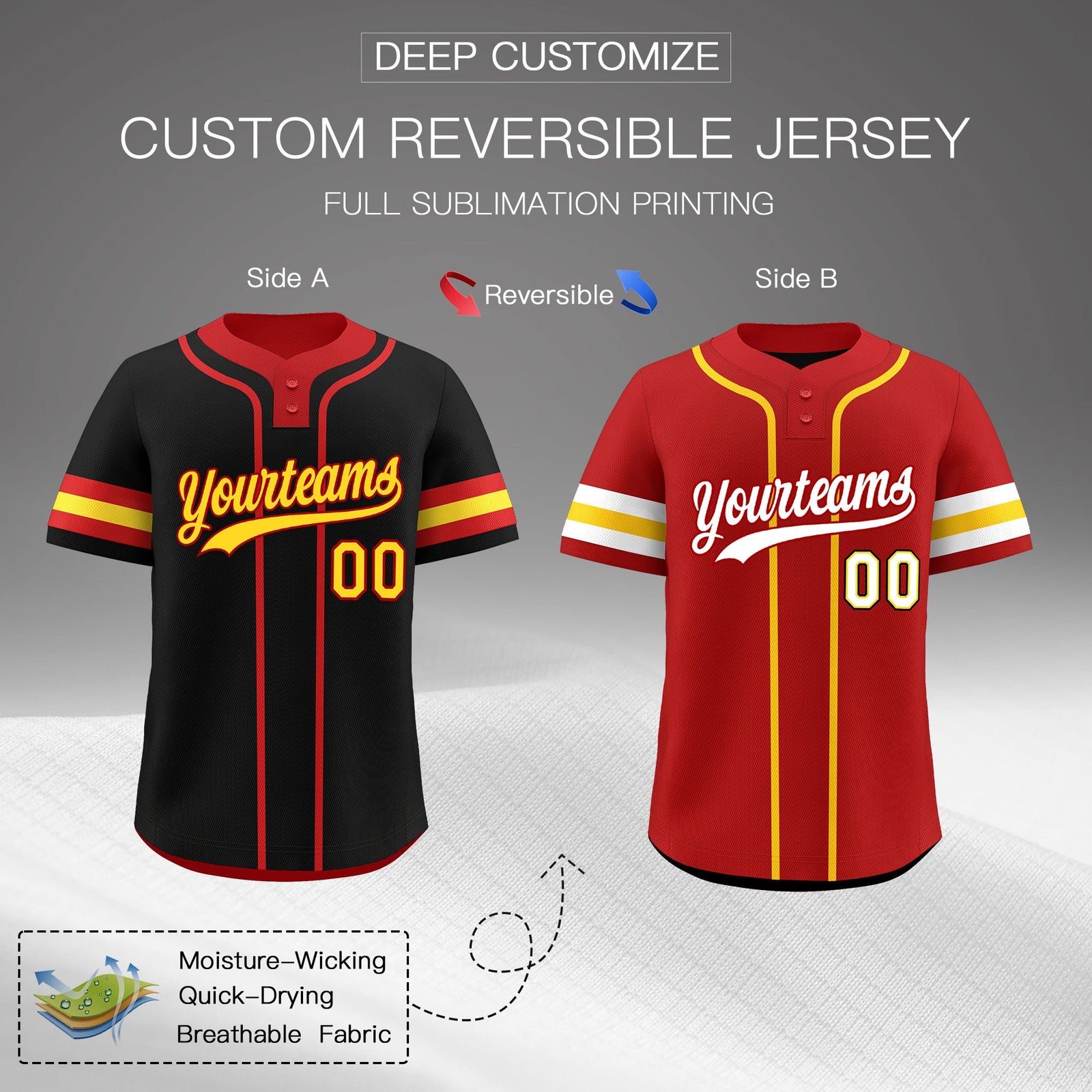 Custom Red Gold White Reversible Classic Style Two-Button Baseball Jersey| KXKSHOP