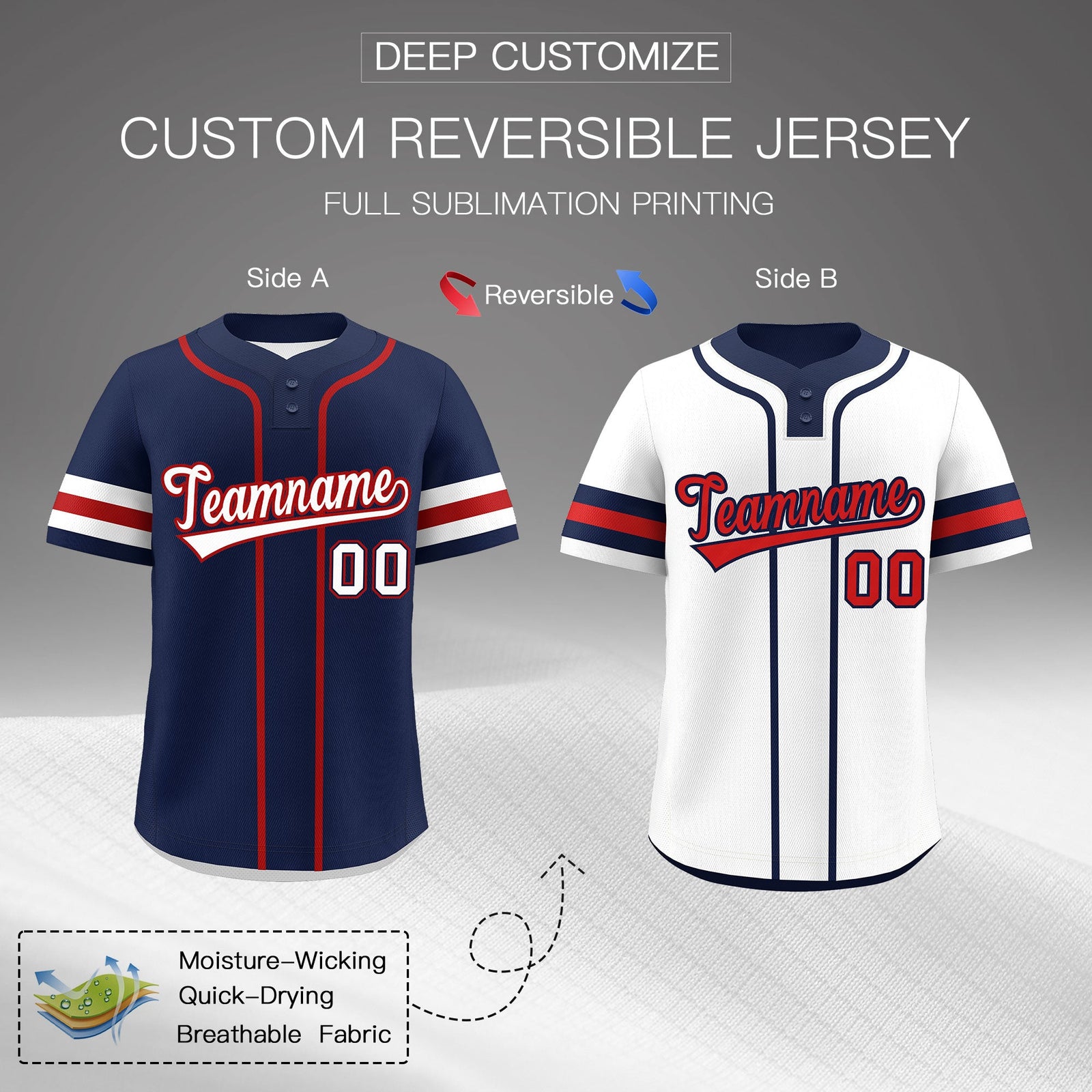 Custom White Red Navy Reversible Classic Style Two-Button Baseball Jersey| KXKSHOP