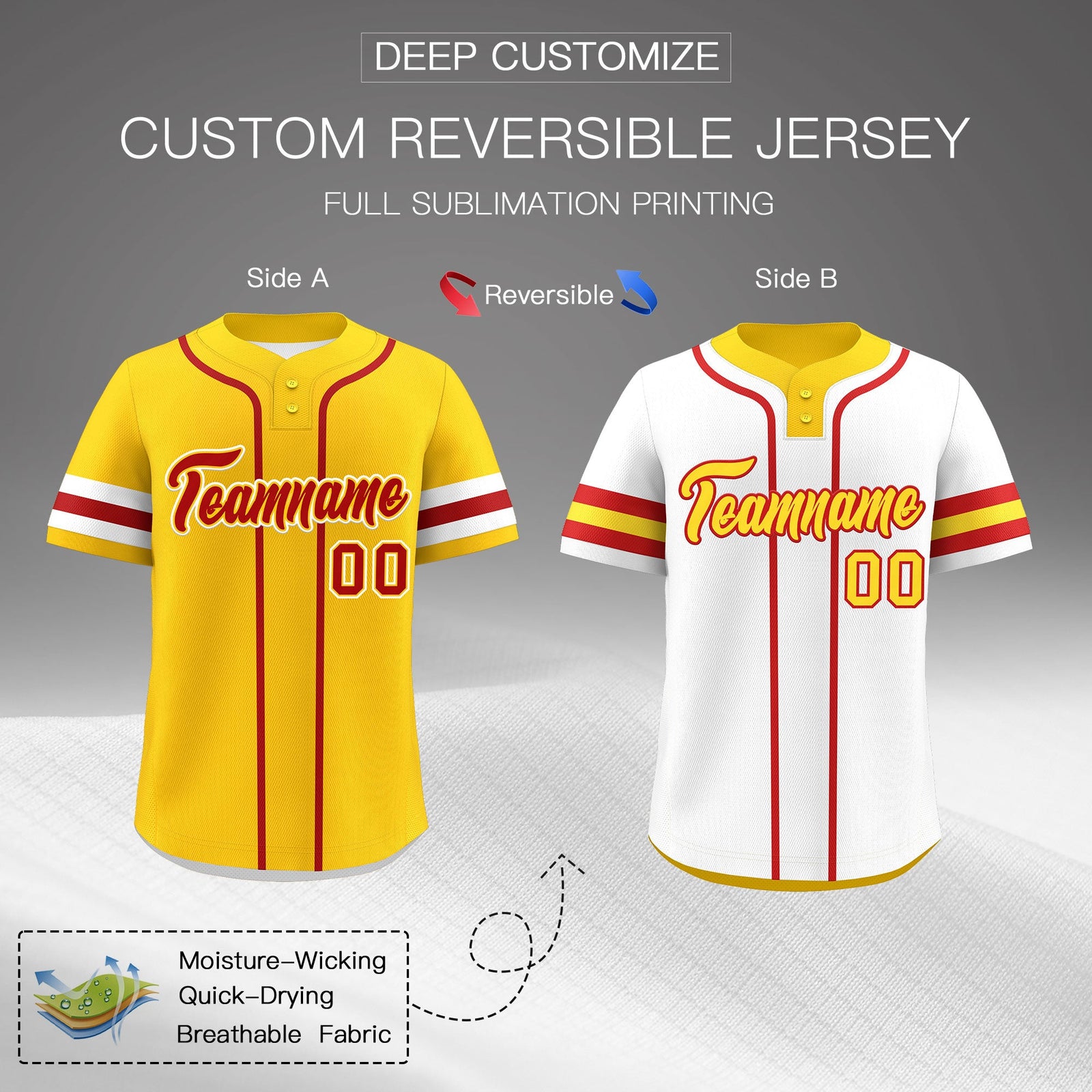 Custom White Red Gold Reversible Classic Style Two-Button Baseball Jersey| KXKSHOP